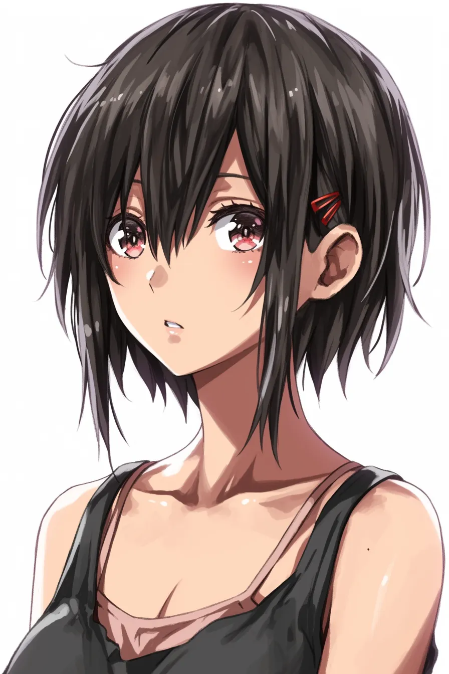 黒髪ショートの横顔｜【基本構造】頬に沿って流れる前髪と耳横で跳ねる毛先を描き方の軸に据え、首筋から鎖骨までをすっきり見せています。視線はわずかに上方へ向け、柔らかなラインでまとめています。<br>【演出の方向性】赤みを帯びた瞳と口元の開きで驚きや戸惑いを演出。髪に差し込む光を強調することで、黒髪に艶やかな躍動感を与えています。<br>