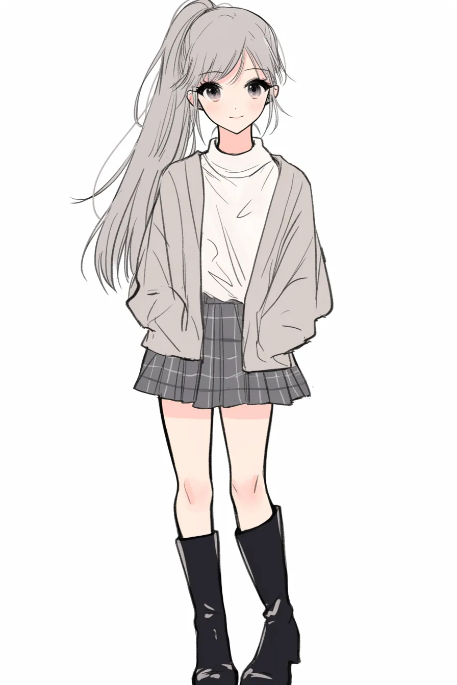ポニーテール正面の女の子2｜【基本構造】長めの髪を高い位置でまとめる描き方で、髪先はしなやかに流れるように表現されています。視線は正面を向き、全体的に柔らかな立ち姿です。<br>【演出の方向性】ナチュラルな微笑みと落ち着いた衣装が組み合わさり、清楚で親しみやすい雰囲気を演出しています。長い髪の動きが女性らしさを強調します。<br>