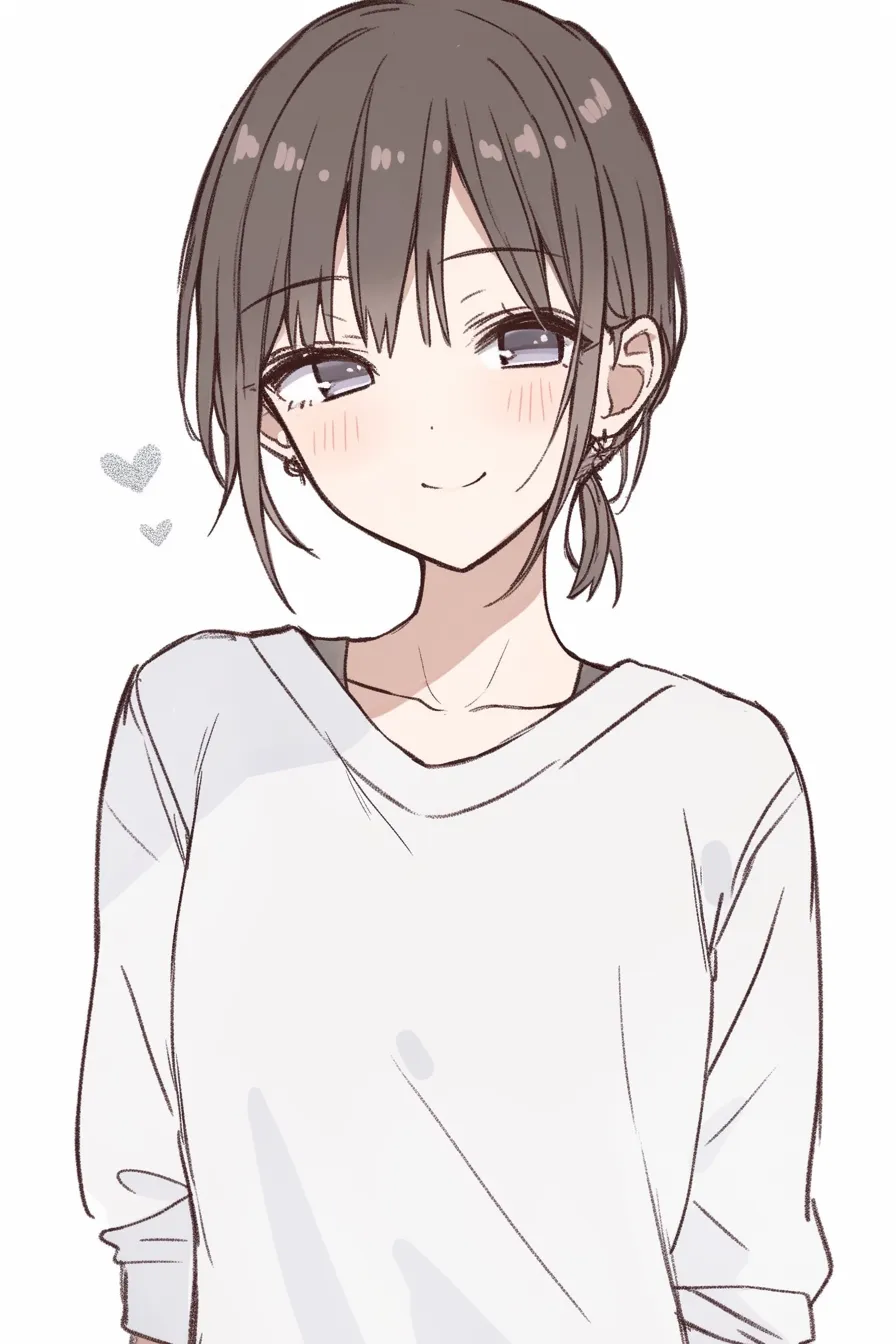ポニーテール正面の女の子5｜【基本構造】シンプルに後ろで一つにまとめた髪型の描き方で、前髪はまっすぐ下ろし、顔周りをすっきり見せています。正面視線は素直で安定感があります。<br>【演出の方向性】落ち着いた笑みとシンプルな服装が合わさり、素朴で誠実な雰囲気を演出しています。派手さを抑え、安心感のある印象を強調しています。<br>