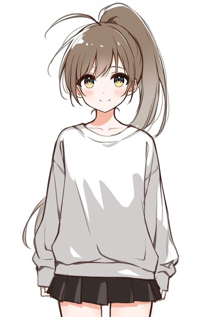 ポニーテール正面の女の子6｜【基本構造】後ろに高めの位置でまとめた髪をしっかり描き、前髪を厚めに下ろした描き方です。体は真正面でバランスよく立っています。<br>【演出の方向性】大きな瞳と柔らかな笑顔により、明るく無邪気な印象を引き立てています。髪型と衣装が組み合わさり、元気さと可愛らしさを両立しています。<br>