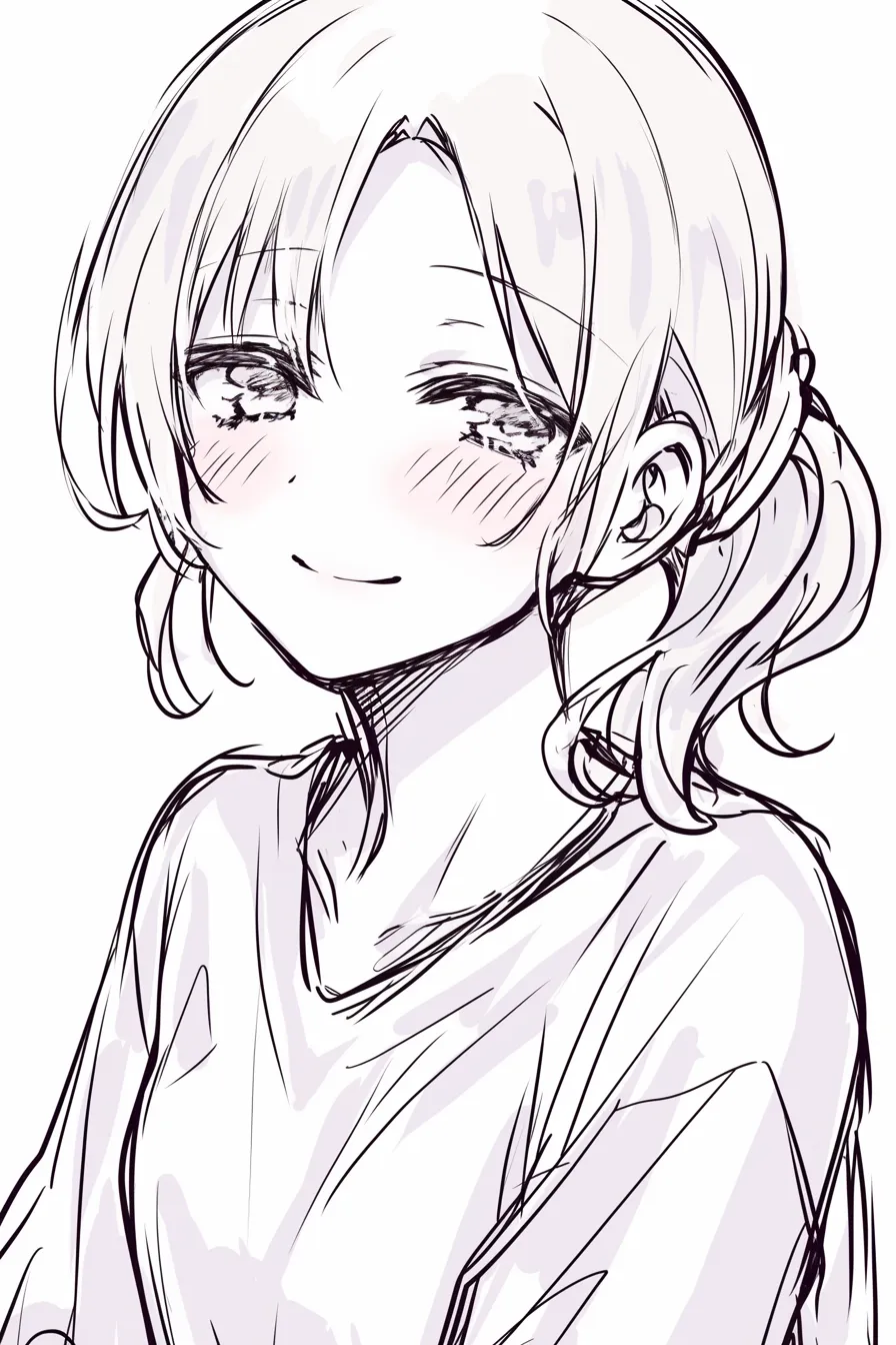 サイドテールの女の子1｜【基本構造】髪を片側でまとめ、緩やかなウェーブを残した描き方で、斜め方向の視線が柔らかさを強調しています。<br>【演出の方向性】伏し目がちな瞳と控えめな笑みが、内気さと優しさを同時に感じさせる印象を与えています。<br>