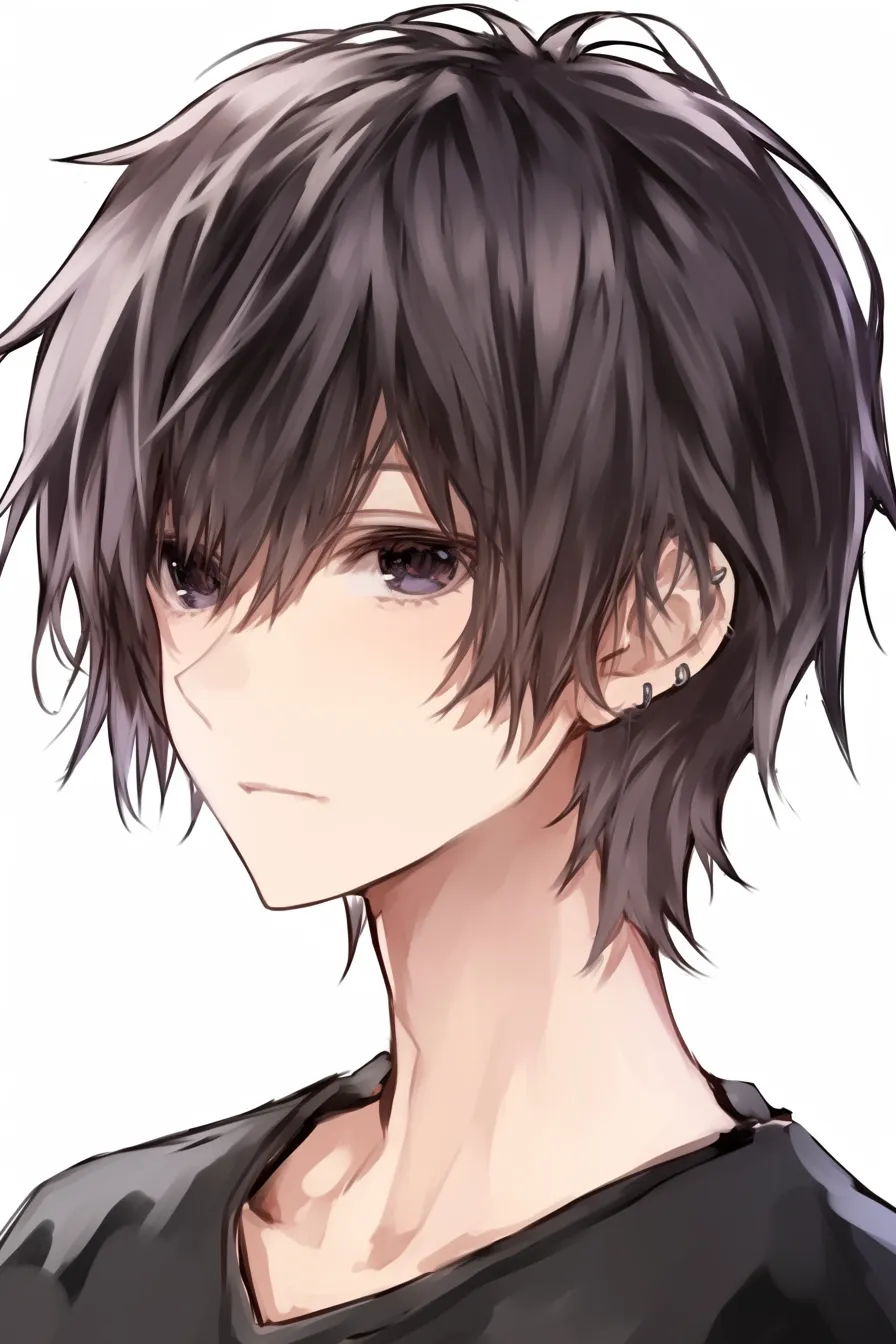 黒髪ショートのクールな横顔｜【基本構造】目元を隠す前髪と直線的な輪郭を描き方で整理し、首筋を長く見せる構図にしています。耳飾りをアクセントに加えて硬質感を高めています。<br>【演出の方向性】彩度を抑えた髪色と影を濃く落とすことで冷静さを演出。伏し目がちの視線が落ち着いた雰囲気を強め、クールな印象を生み出しています。<br>