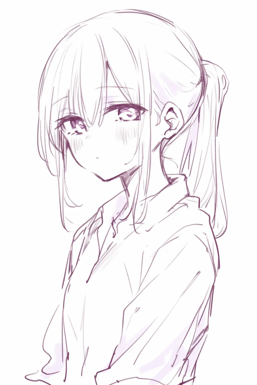 サイドテールの女の子6｜【基本構造】髪を一方向にまとめ、後ろから肩へ流す描き方で、髪量がやや多めに描かれています。<br>【演出の方向性】伏し目がちな視線と微かな笑みが、控えめながらも温かみのある雰囲気を醸しています。<br>