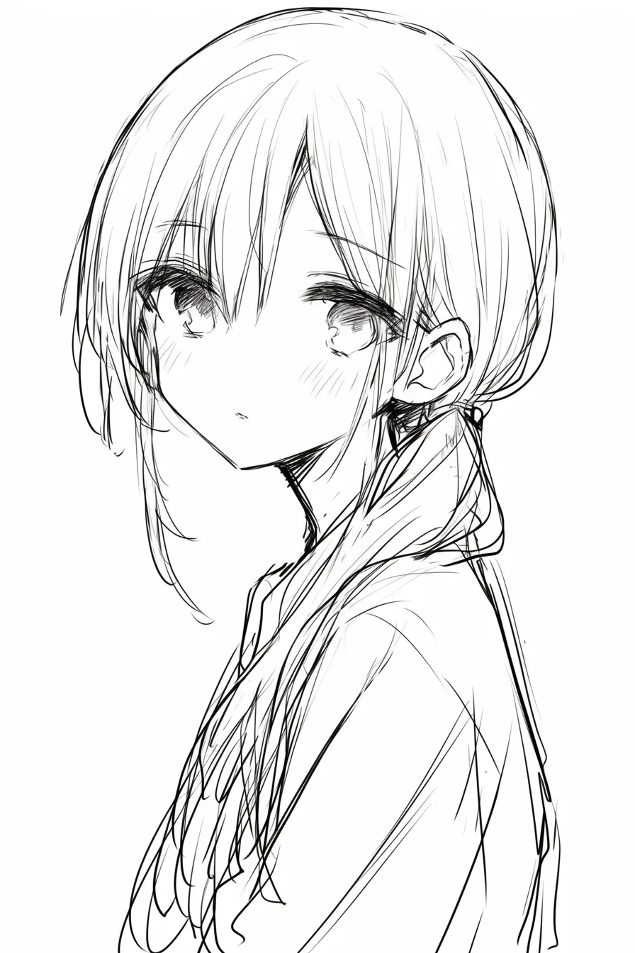 サイドテールの女の子7｜【基本構造】髪を片側に集めつつ、後ろに長く垂らす描き方で、髪の重さを意識させる構図です。<br>【演出の方向性】細い輪郭と真剣な瞳が、知的で思慮深い印象を際立たせています。<br>