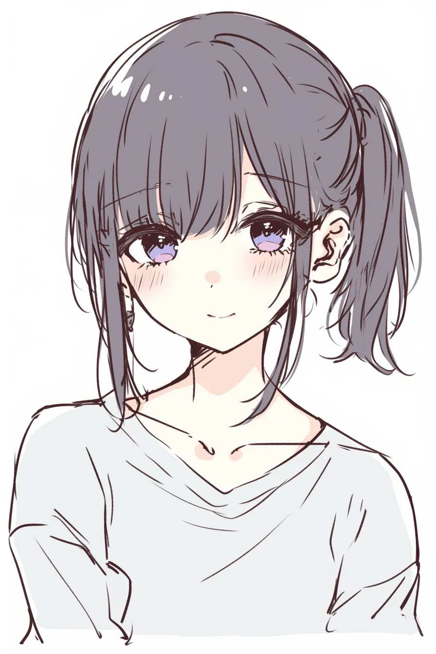 サイドテールの女の子10｜【基本構造】高めの位置で結んだ髪を片側に流し、ふんわりと広がる毛先を描き方として整理しています。<br>【演出の方向性】大きな瞳と柔らかな微笑みが、親しみやすく明るい印象を前面に押し出しています。<br>