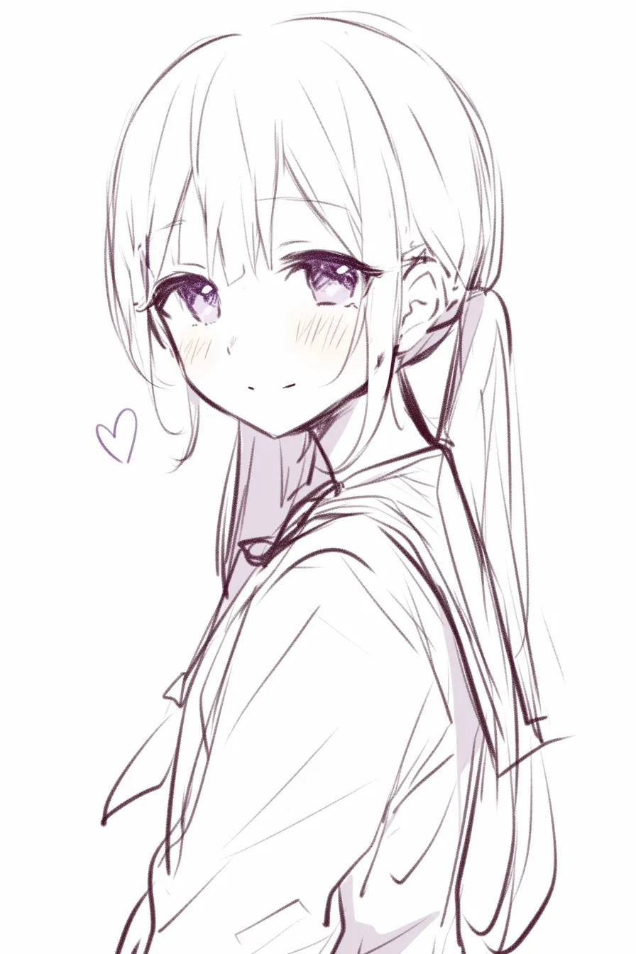 二つ結びの女の子1｜【基本構造】両サイドで低めに束ねた髪型の描き方で、顔まわりに残した前髪が柔らかさを演出しています。正面からやや斜めを向くポーズで表情が穏やかです。<br>【演出の方向性】目元を大きく描き、頬を赤らめることで親しみやすさと可愛さを強調しています。セーラー服と合わせることで清楚な雰囲気を高めています。<br>