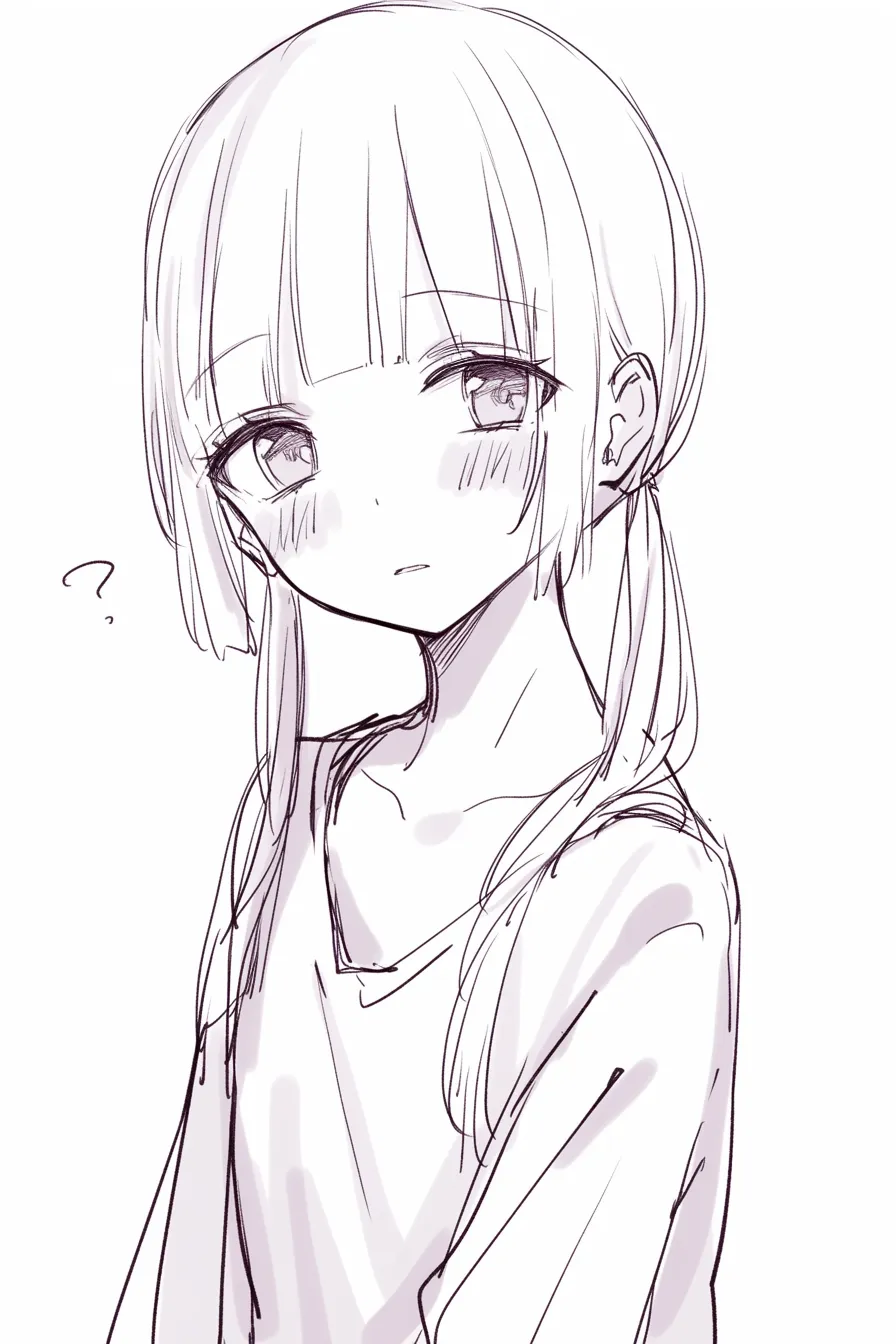 二つ結びの女の子3｜【基本構造】左右の髪をやや下に結び、シンプルにまとめた描き方です。髪の量感を抑え、丸みのある顔立ちを引き立てています。<br>【演出の方向性】首をかしげる仕草と柔らかな目元が、無邪気で幼さの残る印象を強めています。素朴でナチュラルな可愛さを演出する表情です。<br>