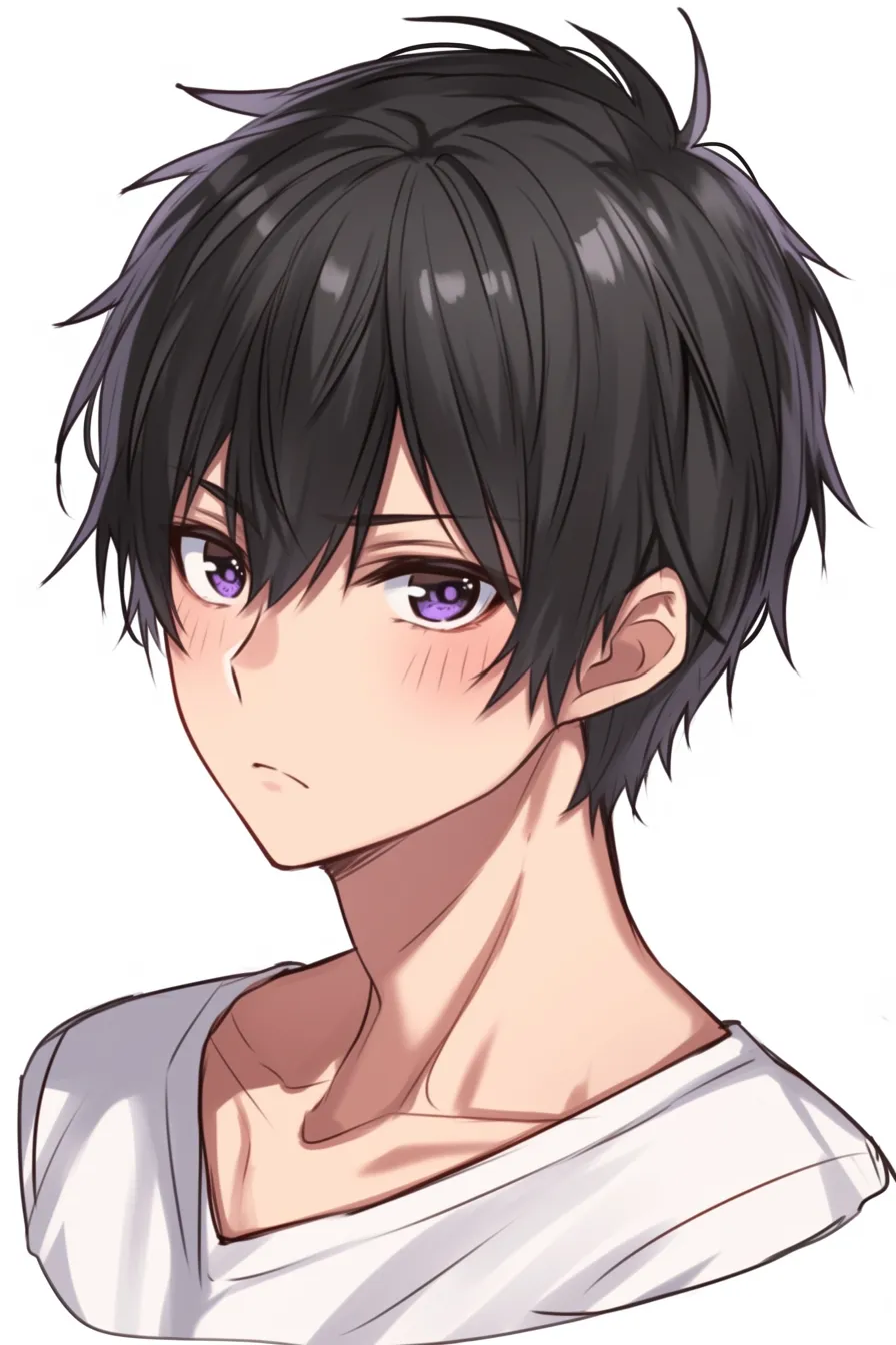 黒髪ショートの正面視線｜【基本構造】正面から肩幅を抑えたコンパクトな描き方で、丸みを帯びた頬と大きな瞳を強調。髪は短く整え、全体をシンプルにまとめています。<br>【演出の方向性】瞳の紫色を強調し、感情の動きを視線に集約。黒髪の整った影と淡い赤みの対比が、真剣さの中に少しの可憐さを漂わせています。<br>