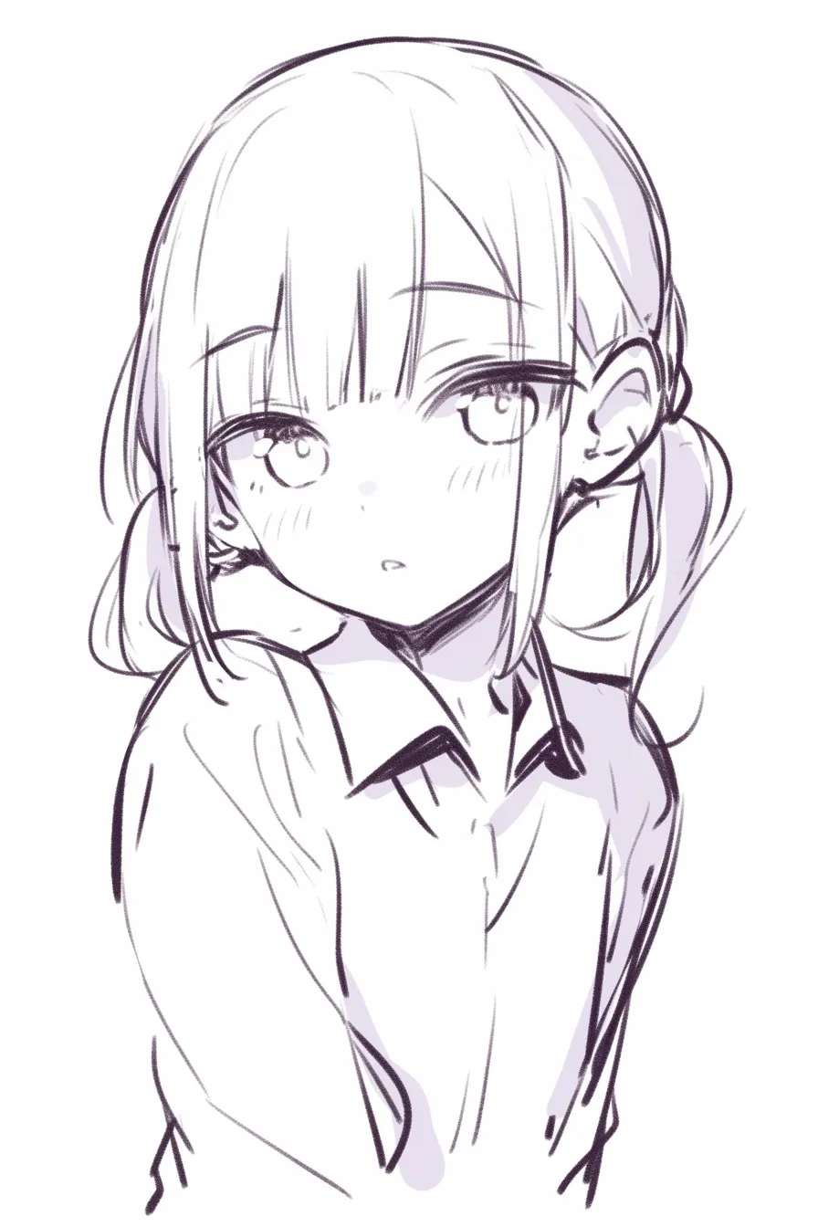 二つ結びの描き方・幼さ強調｜【基本構造】頭頂からしっかり髪を分け、耳横で結ぶシンプルな描き方で、毛束は短めで肩に軽く触れる程度です。<br>【演出の方向性】正面寄りの構図と丸みのある目元が幼さを強調し、二つ結びのシルエットが無邪気な印象をより際立たせています。<br>