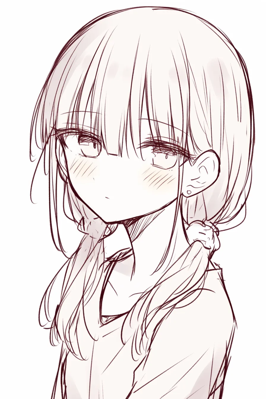 二つ結びの描き方・落ち着きある表情｜【基本構造】肩口までの長さをそのまま結び、やや後ろ寄りでまとめる描き方です。前髪は厚めで目にかかるほど長く残しています。<br>【演出の方向性】落ち着いた視線と伏し目がちな表情により、二つ結びでありながら大人っぽい雰囲気が漂い、可愛さに穏やかな印象が加わります。<br>