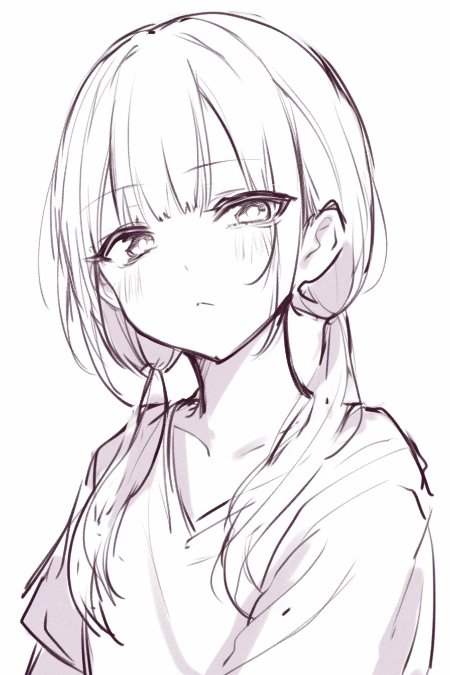 二つ結びの描き方・憂いを帯びた視線｜【基本構造】やや緩めに結ばれた二つ結びで、毛先は胸元に流れるように描き方をしています。<br>【演出の方向性】大きな瞳に潤みを描き込み、視線を斜め下に向けることで、少し切なげで感傷的な雰囲気を引き出しています。<br>