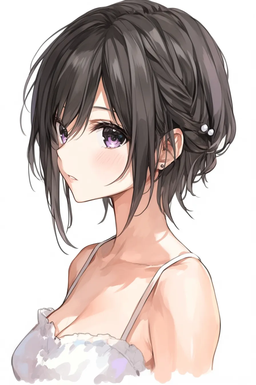 黒髪ショートの編み込みスタイル｜【基本構造】後頭部に編み込みを加え、まとめ髪の変化を取り入れた描き方。顔の輪郭は横顔の角度を強調し、上品なシルエットにしています。<br>【演出の方向性】髪飾りの小さな装飾が華やかさを加え、頬の赤みと視線の柔らかさが優雅な雰囲気を醸し出します。黒髪に艶を乗せることで清楚感が高まります。<br>