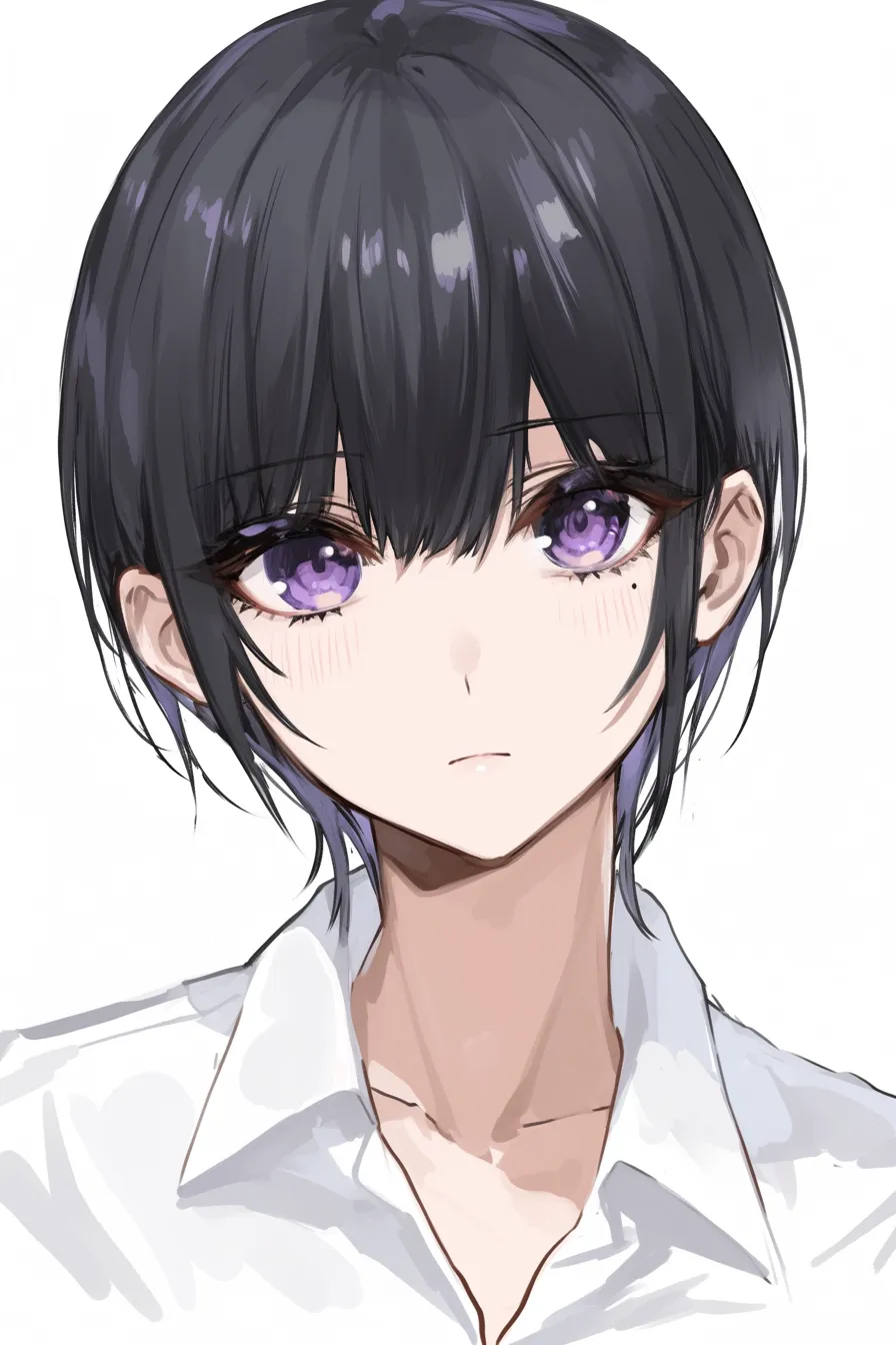 黒髪ショートの端正な表情｜【基本構造】前髪を厚めに下ろし、左右対称のシルエットを意識した描き方。目線は真正面に固定し、首筋と肩を直線的に描いています。<br>【演出の方向性】紫がかった瞳と白シャツの組み合わせが端正な印象を強調。感情を抑えた表情が知的で落ち着いた雰囲気を醸し出します。<br>