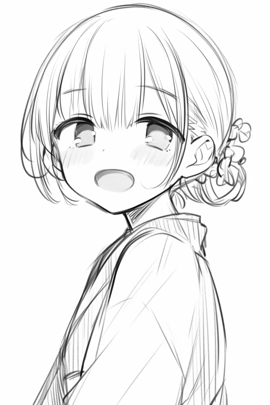 お団子ヘアの笑顔｜【基本構造】後頭部にまとめたお団子を花飾りで留めた描き方で、口を大きく開けた笑顔が特徴です。前髪は短く整え、視線はまっすぐです。<br>【演出の方向性】弾けるような笑顔と髪飾りの可愛らしさで、元気で無邪気な雰囲気を演出しています。明るい印象を強調する表現です。<br>