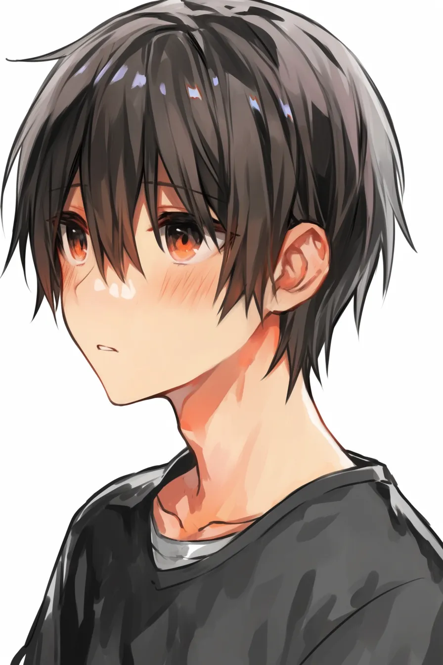 黒髪ショートの少年風｜【基本構造】柔らかい丸みを残した輪郭と、軽く外に跳ねる毛先を描き方として採用。頬の赤みを残しつつ、少年らしい中性的な骨格に仕上げています。<br>【演出の方向性】橙色の瞳が温かみを帯び、無垢な印象を強めています。髪の乱れやラフな影の描写が自然体な雰囲気を引き立てています。<br>