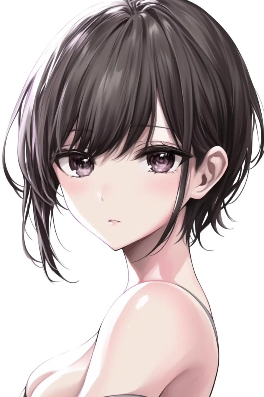 黒髪ショートの後ろ姿気味｜【基本構造】肩越しに振り返るような角度を描き方の中心に据え、短く整えた毛先を首元に沿わせています。輪郭は細く滑らかに仕上げています。<br>【演出の方向性】伏し目気味の視線と淡い赤みが秘めた感情を漂わせ、静かな余韻を残します。髪の艶にやや紫が混じることで、落ち着きと妖艶さが同居しています。<br>