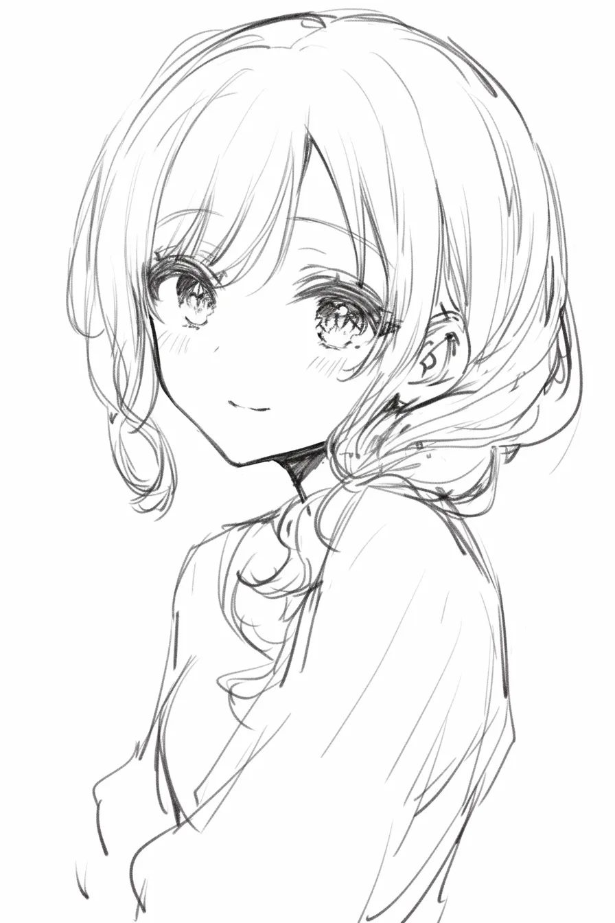 巻き髪の微笑み｜【基本構造】斜め方向からの顔の描き方で、柔らかな曲線を持つ髪束を肩に沿わせ、頬にかかる前髪を自然に配置しています。<br>【演出の方向性】口角を軽く上げて微笑むことで、巻き髪の柔らかさと親しみやすさを一層強調し、温和な雰囲気を演出しています。<br>