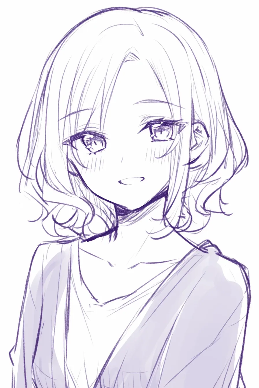 巻き髪の爽やかさ｜【基本構造】短めの巻き髪を首元で軽く広げる描き方で、顔立ちを明るく見せる構図になっています。<br>【演出の方向性】瞳をやや大きく見開き、口元に小さな笑みを添えることで、爽快感のある柔らかな印象を作り出しています。<br>