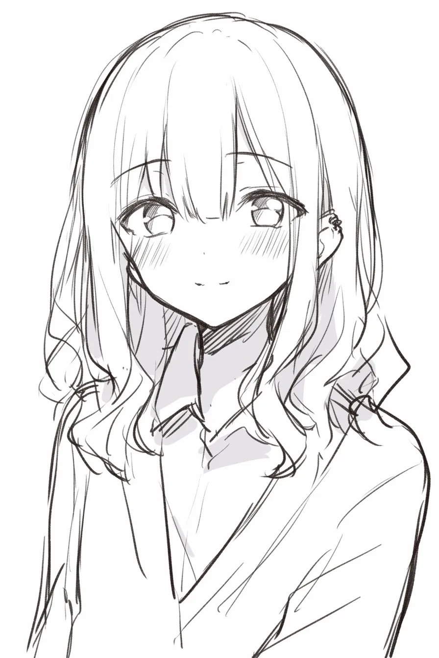 巻き髪の素朴さ｜【基本構造】巻き髪を肩に下ろし、前髪は厚めに残す描き方で、丸みのあるシルエットを構成しています。<br>【演出の方向性】視線を安定させつつ表情は中性的に保ち、素直で素朴な魅力を引き出しています。<br>