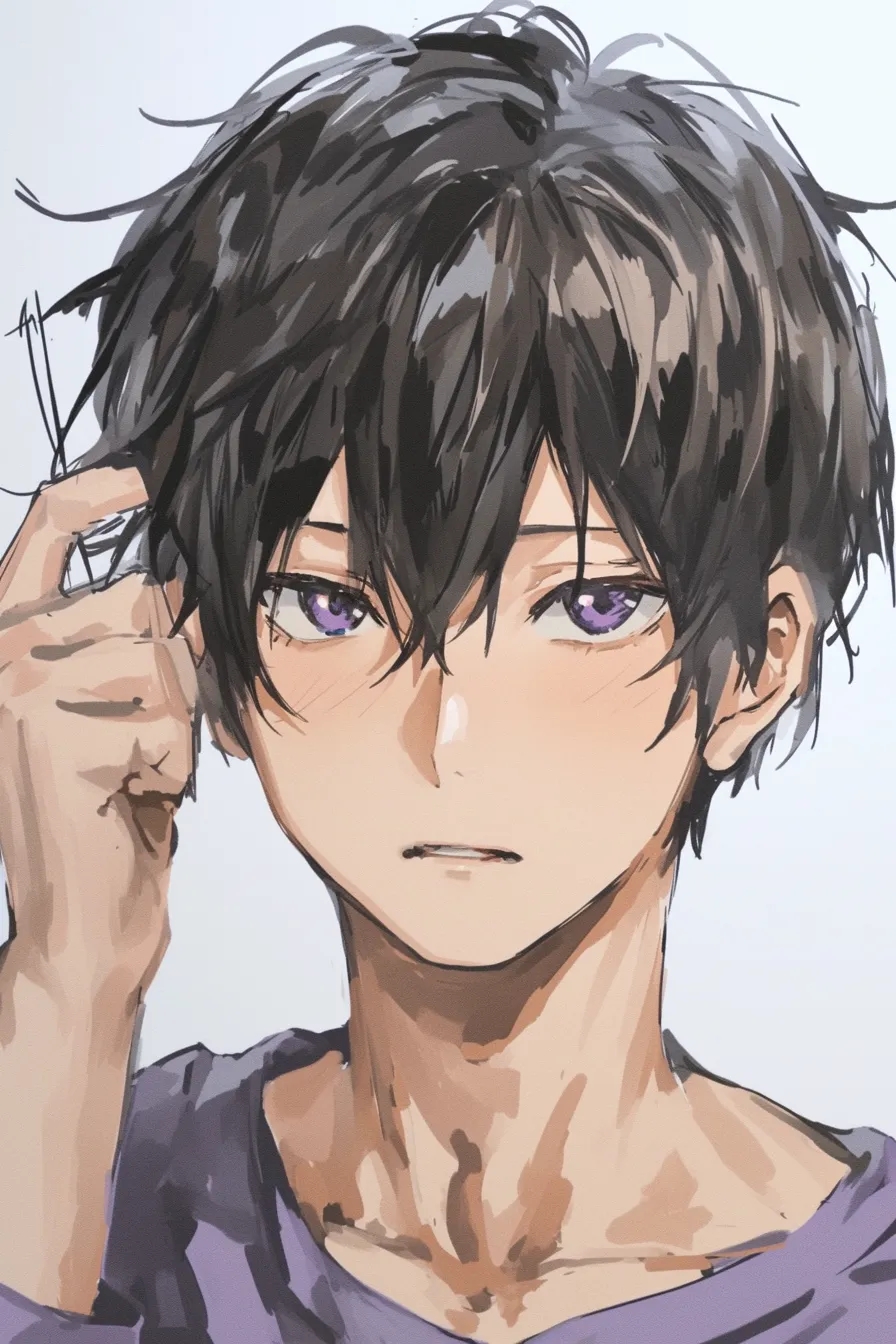 黒髪男の前髪を整える仕草｜【基本構造】片手を髪に添え、前髪をかき上げる動作を描き方で強調。やや下向きの視線と口元の半開きで自然な流れを作っています。<br>【演出の方向性】髪の乱れと紫の瞳が相まって、疲れや戸惑いを思わせる雰囲気を演出。カジュアルな服装が等身大の印象を与えています。<br>