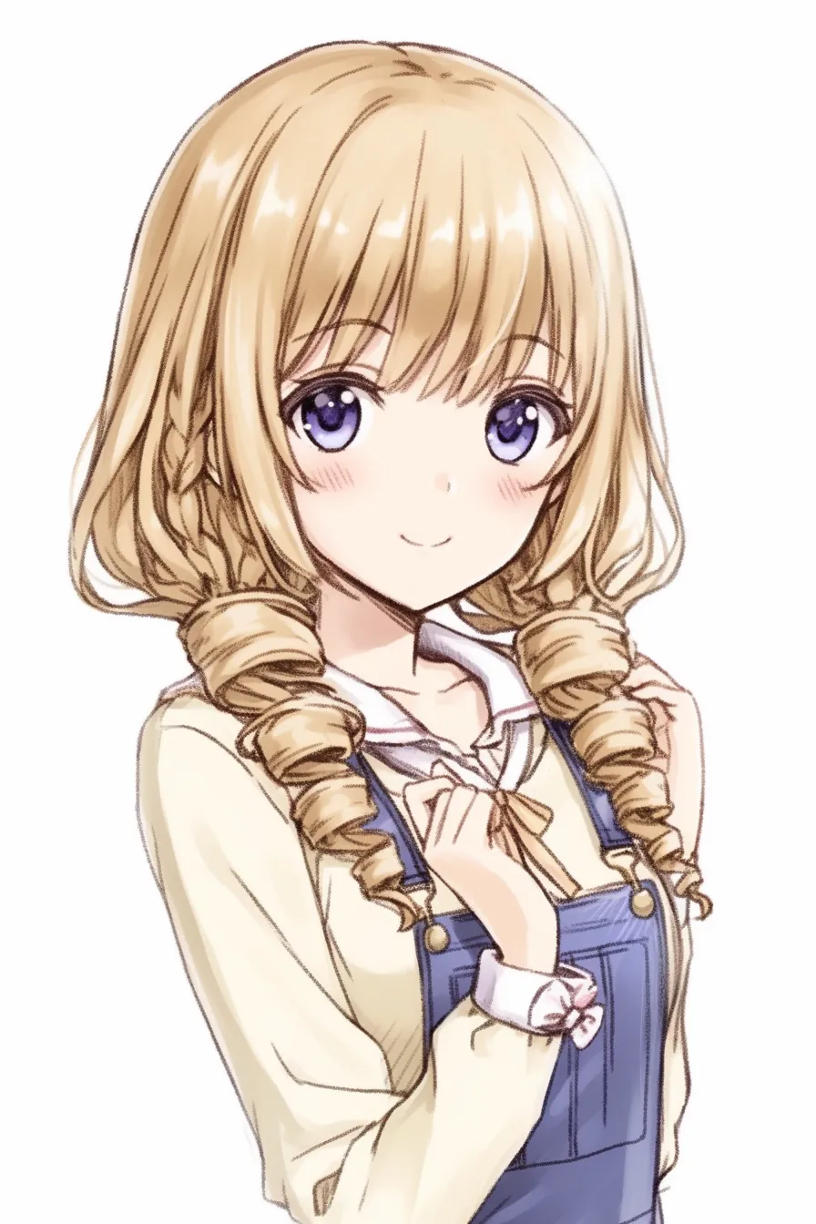 縦ロールの可憐さ｜【基本構造】両サイドに整えた縦ロールを肩に落とす描き方で、髪の丸みを強調しています。<br>【演出の方向性】自然な笑顔と柔らかな色彩で縦ロールを少女的で可憐な雰囲気に仕上げています。<br>