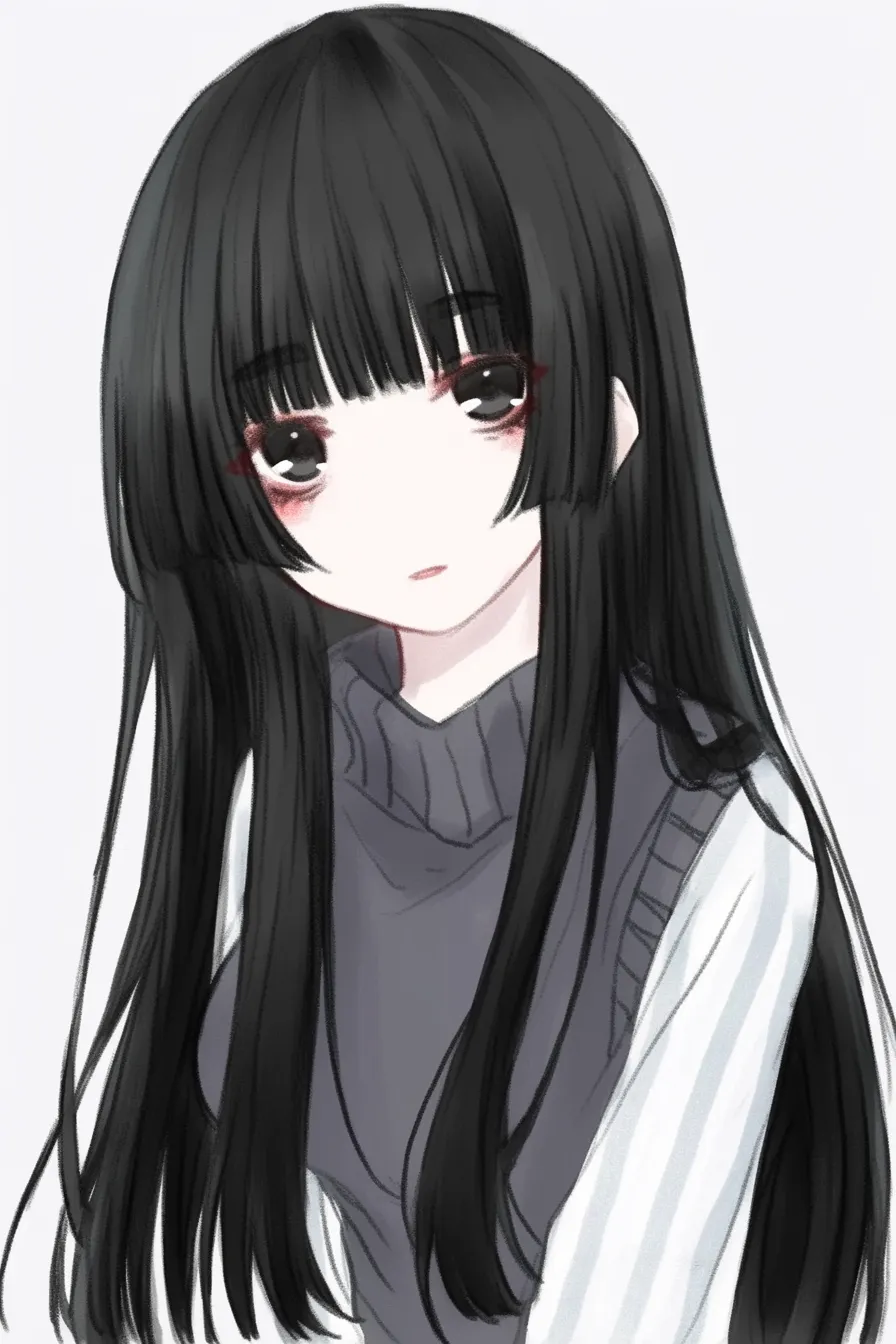 姫カットの静けさ｜【基本構造】肩にかかる黒髪をまっすぐに下ろし、前髪を平行に切り揃える描き方で、動きの少ない構図を作っています。<br>【演出の方向性】伏し目がちな視線と淡い表情で、姫カットの直線美を強調しつつ静かで落ち着いた雰囲気を演出しています。<br>