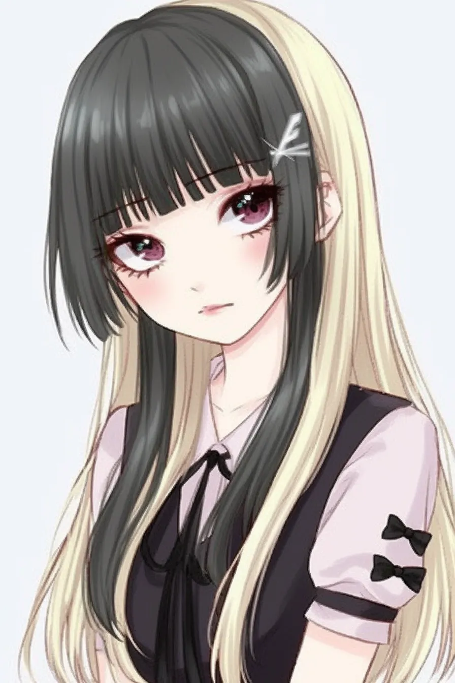 姫カットの異色感｜【基本構造】前髪を直線的に揃えつつ、黒と金の二色でサイドを切り分ける描き方で、髪の直線的な印象を崩さず変化を与えています。<br>【演出の方向性】柔らかな瞳と髪色の対比で、姫カットに独特な存在感と個性を付与しています。<br>