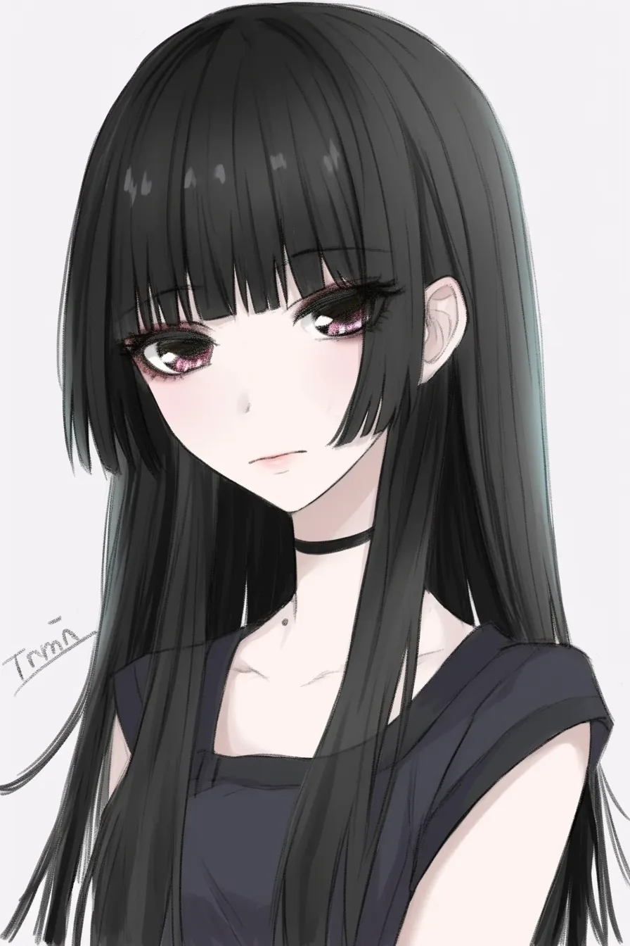 姫カットの冷ややかさ｜【基本構造】肩までの黒髪をまっすぐに垂らし、前髪を厚く一直線に切り揃える描き方です。<br>【演出の方向性】感情を抑えた表情と黒の衣装が、姫カットの冷ややかでクールな雰囲気を強調しています。<br>