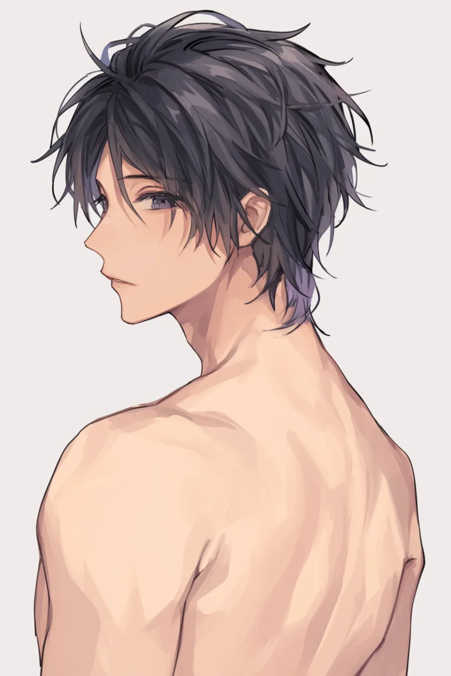 黒髪男の後ろ姿｜【基本構造】背中から振り返る構図で、肩や背筋のラインを丁寧に描き方に反映。横顔はやや斜め上を見上げる角度で設計されています。<br>【演出の方向性】露わになった背中の筋肉表現と鋭い視線が、無言の力強さを伝えます。髪の先に紫の差し色を入れることで柔らかさも加えています。<br>