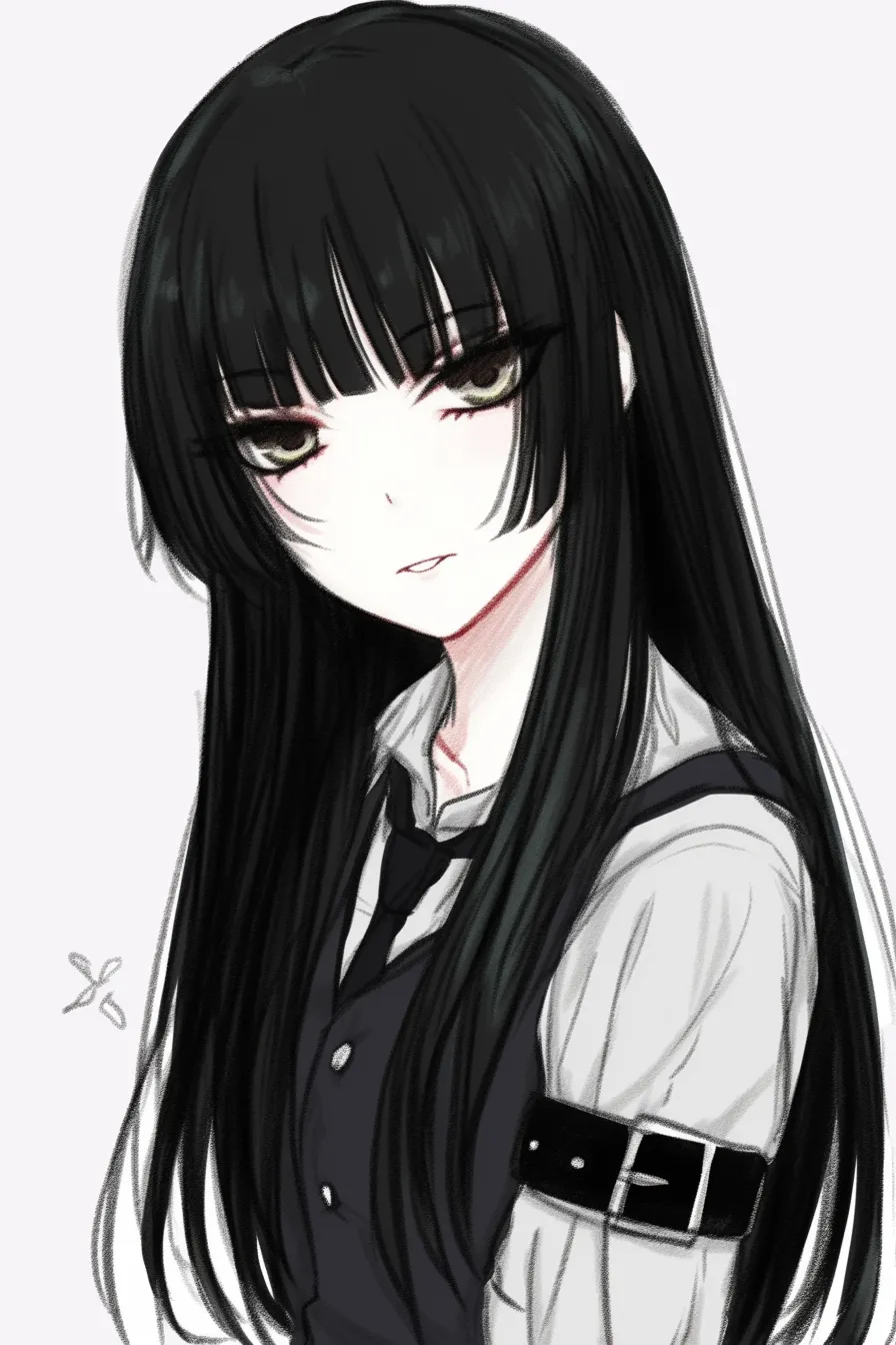 姫カットの落ち着き｜【基本構造】黒髪の長い直線を肩下に落とし、前髪を重めに切り揃える描き方で、輪郭をしっかり強調しています。<br>【演出の方向性】微笑と柔らかな目線を加えることで、姫カットの端正さを残しながら落ち着いた大人っぽい印象に仕上げています。<br>