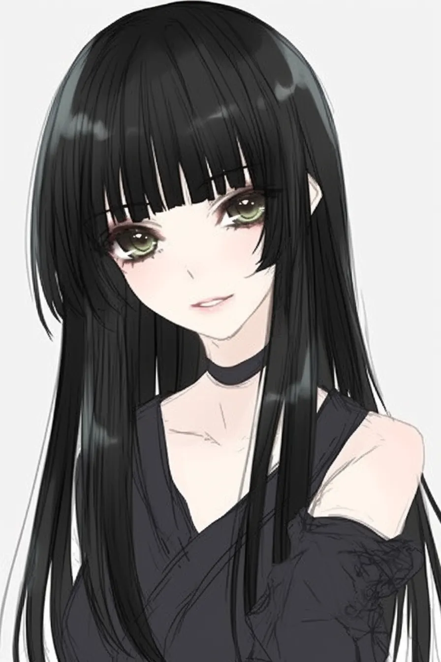 姫カットの魅惑｜【基本構造】長い黒髪を直線的に描き方で整理し、前髪を均一に切り揃えています。<br>【演出の方向性】片肩を見せる仕草と視線の強さが、姫カットの規律的な形に艶やかで魅惑的なニュアンスを加えています。<br>