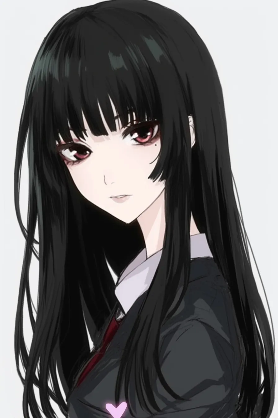 姫カットの威厳｜【基本構造】黒髪を真っ直ぐに長く垂らし、前髪を平行に切り揃える描き方で、均整の取れた輪郭を強調しています。<br>【演出の方向性】引き締まった表情と姿勢が、姫カットの整然とした造形と合わさり、威厳ある印象を作り出しています。<br>