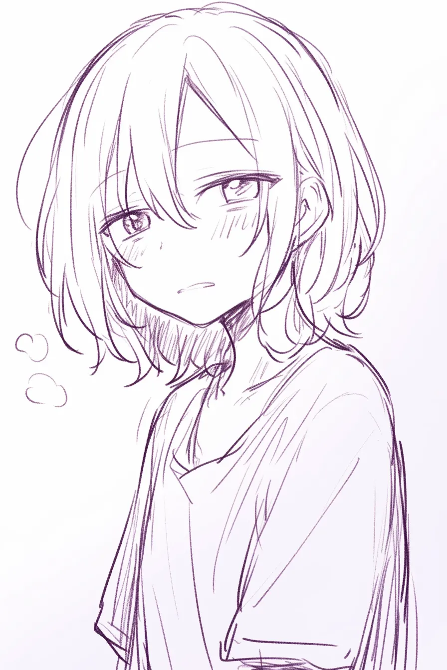 ボサボサ髪の戸惑い｜【基本構造】肩までの短めの髪を不規則に散らす描き方で、伏し目がちな瞳とわずかに開いた口を組み合わせています。全体を斜めの角度で構成し、頼りない印象を強調しています。<br>【演出の方向性】髪の乱れと曖昧な表情が、戸惑いや不安を感じさせる演出。吐息の記号を添えることで、弱さや迷いのニュアンスを深めています。<br>