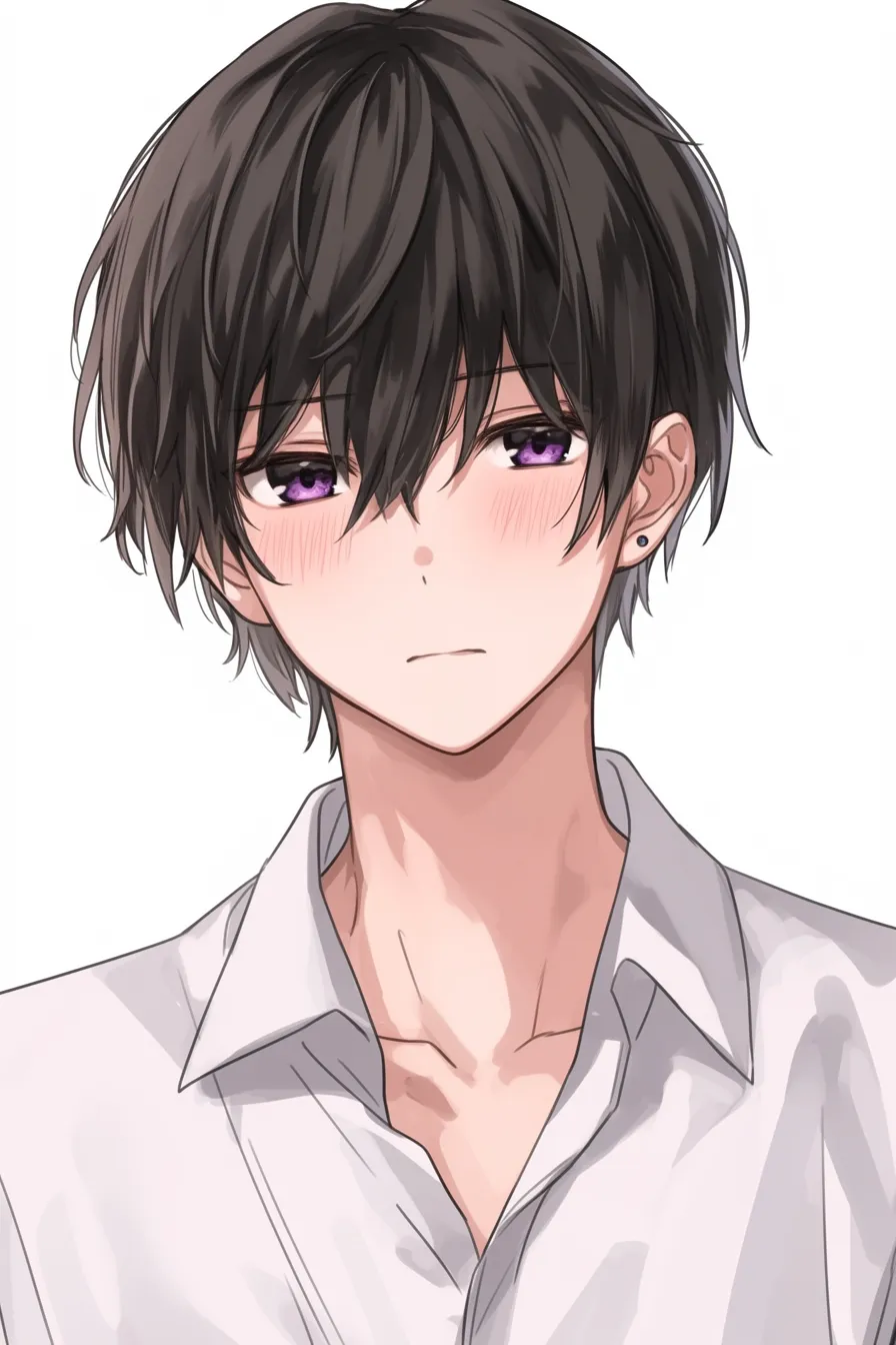 黒髪男の白シャツ｜【基本構造】開いた襟元から鎖骨を見せ、緩やかなシルエットを描き方に取り入れています。前髪は厚めで、表情をやや覆う構成。<br>【演出の方向性】赤みの差した頬と瞳が柔らかさを生み、シャツの白が清潔感を引き立てます。無防備さと内向的な魅力が同居しています。<br>