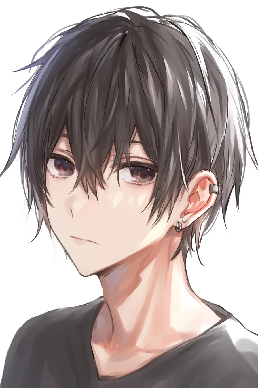 黒髪男のイヤーカフ｜【基本構造】片耳に複数のピアスとイヤーカフを配し、顔は斜めの角度から描き方を整えています。髪は不揃いに流れるラインで動きを表現。<br>【演出の方向性】装飾の金属光沢がアクセントとなり、クールで都会的な雰囲気を強調。表情を抑えることで余裕ある印象を漂わせています。<br>