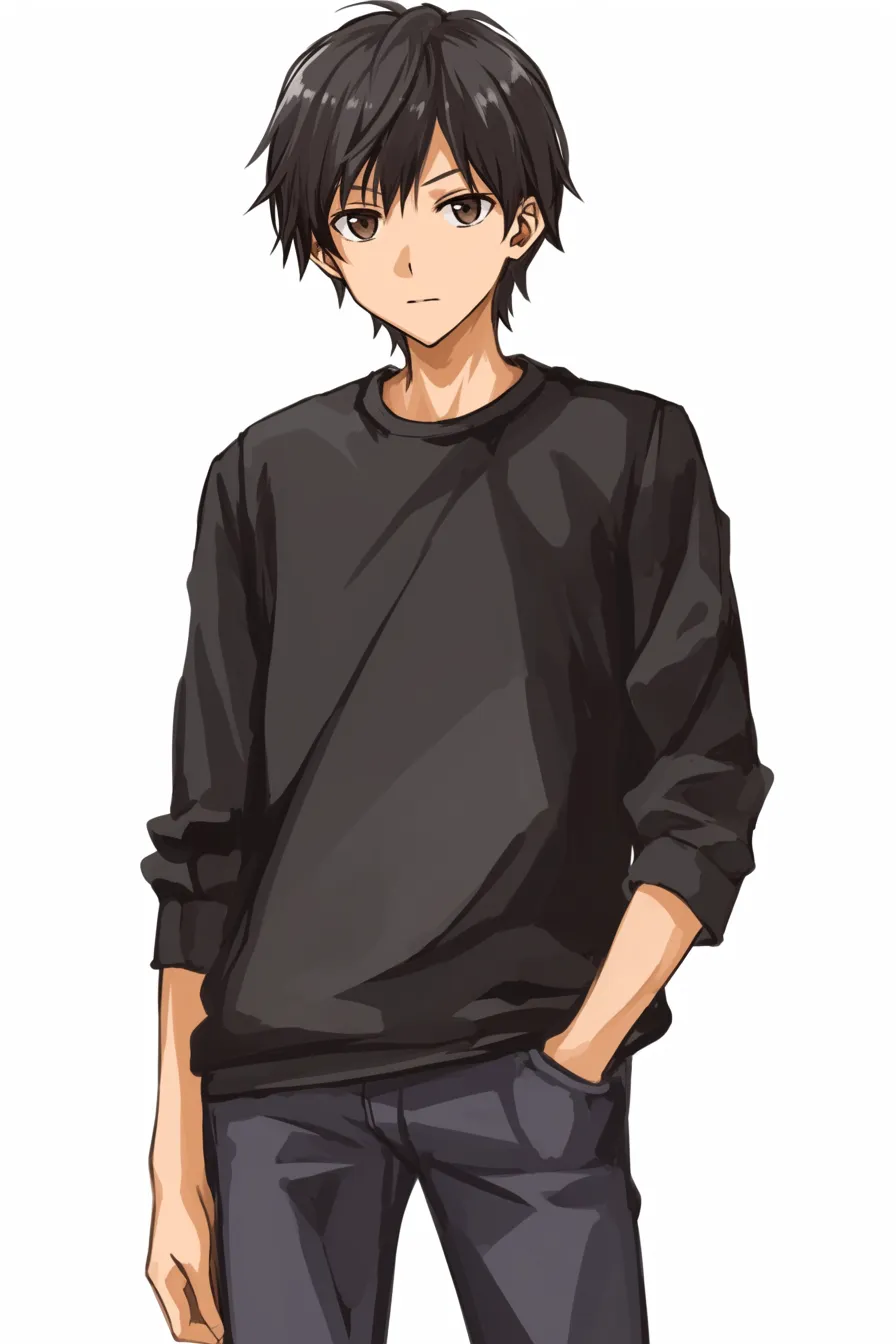 黒髪男の全身｜【基本構造】黒の長袖とジーンズを組み合わせ、シンプルな立ち姿を描き方で配置。手をポケットに入れた自然なポーズが特徴。<br>【演出の方向性】シンプルな黒のコーディネートが飾り気のない性格を示唆。緩やかな姿勢が安心感を与え、日常的な雰囲気を演出しています。<br>