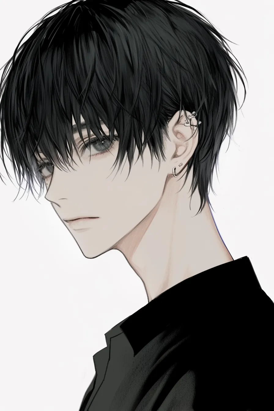 黒髪マッシュの横顔｜【基本構造】前髪が目元にかかるシルエットを描き方で重視し、顎のラインをシャープに整えています。耳には複数のピアスを配置し、髪の流れを細かく描写。<br>【演出の方向性】伏し目がちな視線と黒のコントラストが冷淡さを強調。アクセサリーの存在が都会的で洗練された印象を与えています。<br>