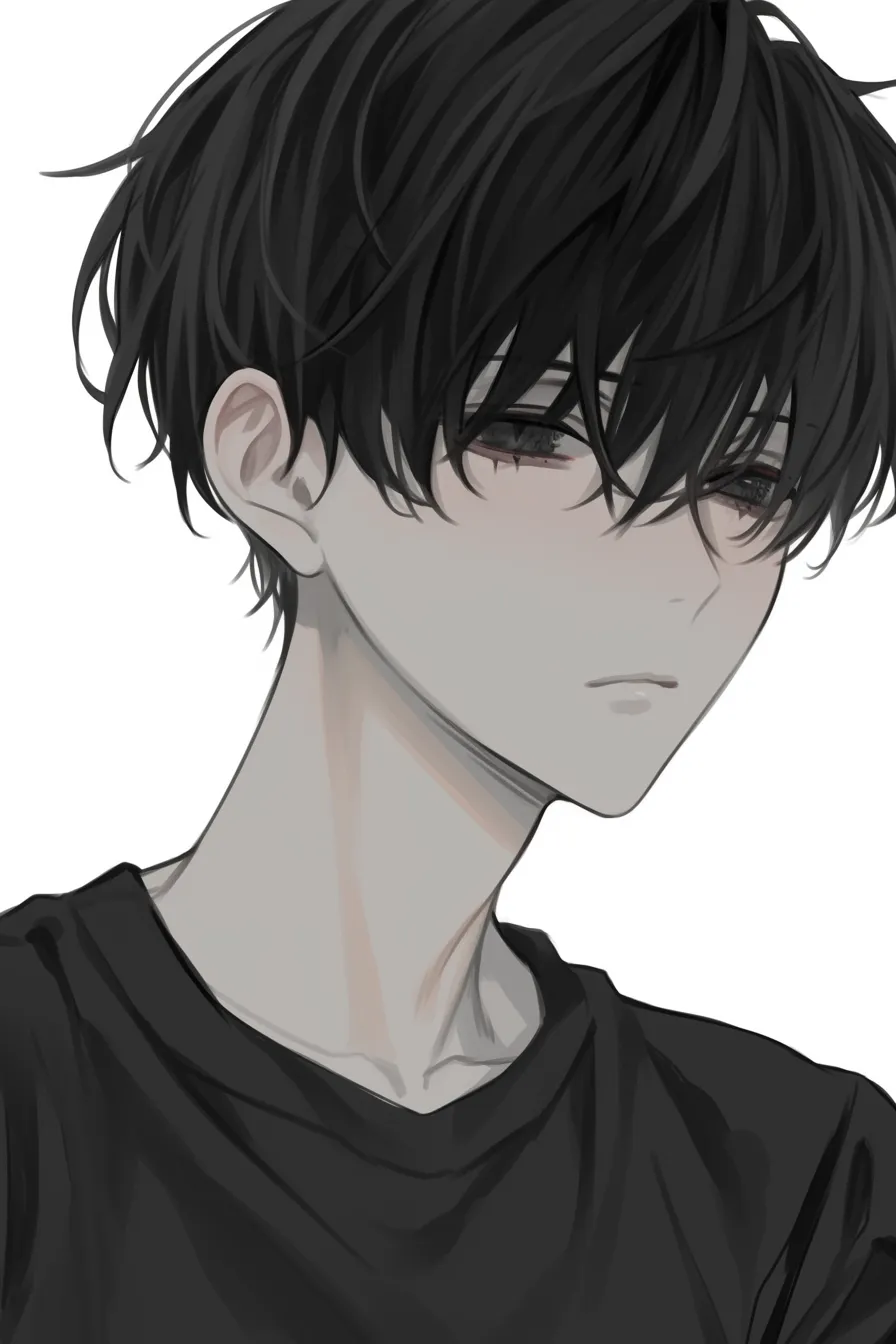 黒髪マッシュの憂い｜【基本構造】厚めの前髪で瞳を覆い、首を斜めに傾ける描き方を採用。頬の赤みを抑えて、肌色は淡く処理しています。<br>【演出の方向性】表情を消した構成と影の強調で、儚さと憂鬱さを演出。モノトーン基調の配色が内面的な沈黙を際立たせています。<br>