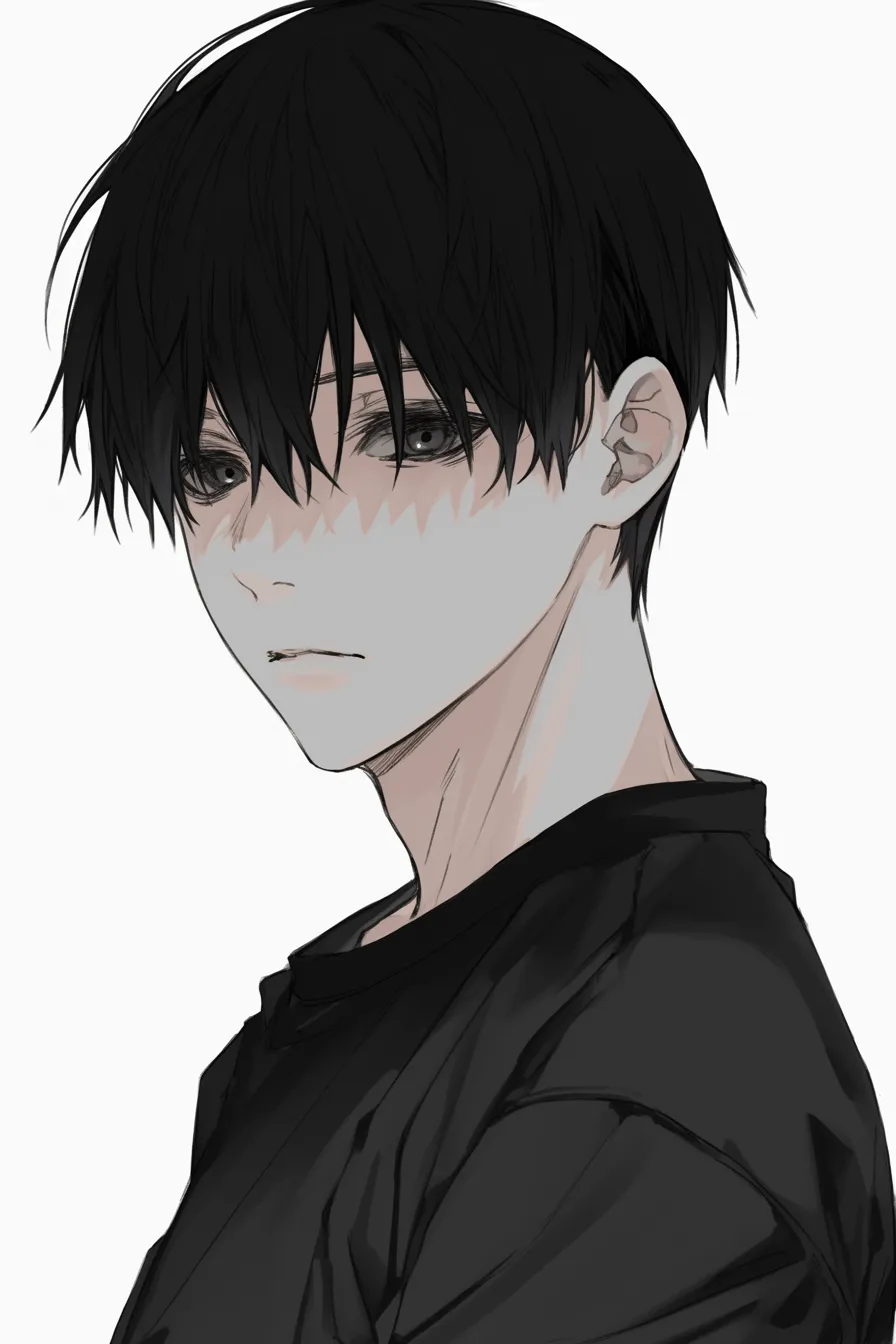 黒髪マッシュの無表情｜【基本構造】重めの前髪と均整の取れたシルエットを描き方で整理。頬は影を強調し、輪郭を直線的に構成しています。<br>【演出の方向性】感情を抑えた瞳と整ったフォルムが冷静さを強調。全体の灰色がかった色彩が無機質な印象を強めています。<br>