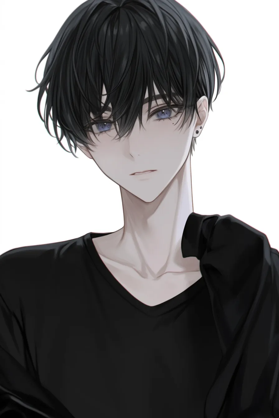 黒髪マッシュの柔和さ｜【基本構造】鎖骨を大きく見せるように襟元を広く描き方で開き、頬の陰影を柔らかく設計。前髪はゆるく落としています。<br>【演出の方向性】優しげな瞳と柔らかな髪の流れが、冷たい黒基調の中に温かみを持たせています。わずかな微笑が安堵感を与えます。<br>