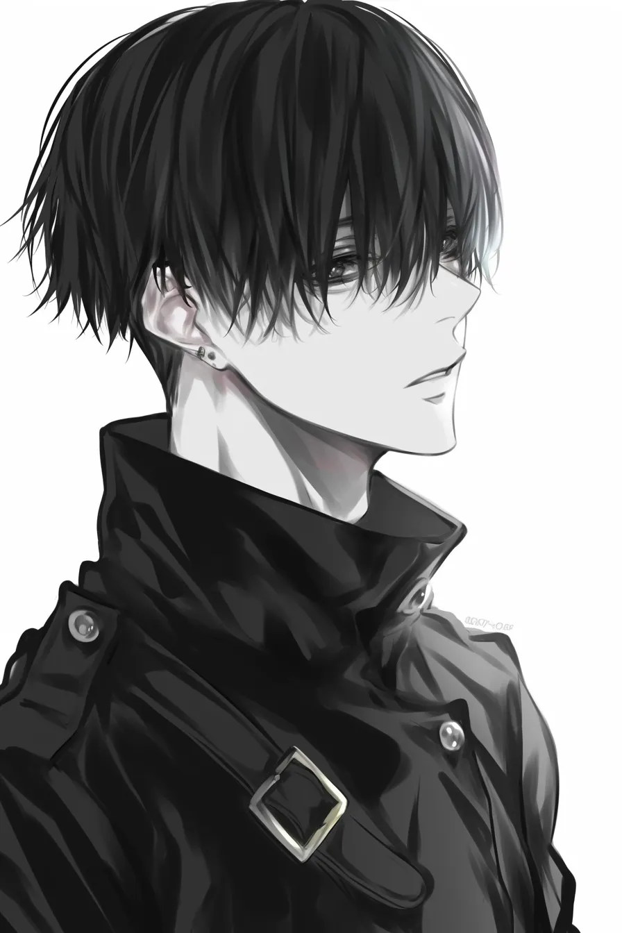 黒髪マッシュのコート姿｜【基本構造】襟を高く立てた黒いコートを描き方で組み込み、前髪が深く顔を覆う構図を採用。顎から首のラインを長く整えています。<br>【演出の方向性】黒衣と覆い隠された視線がミステリアスさを強調。影を強く落とすことで孤独感と威圧感を併せ持つ存在感を演出しています。<br>