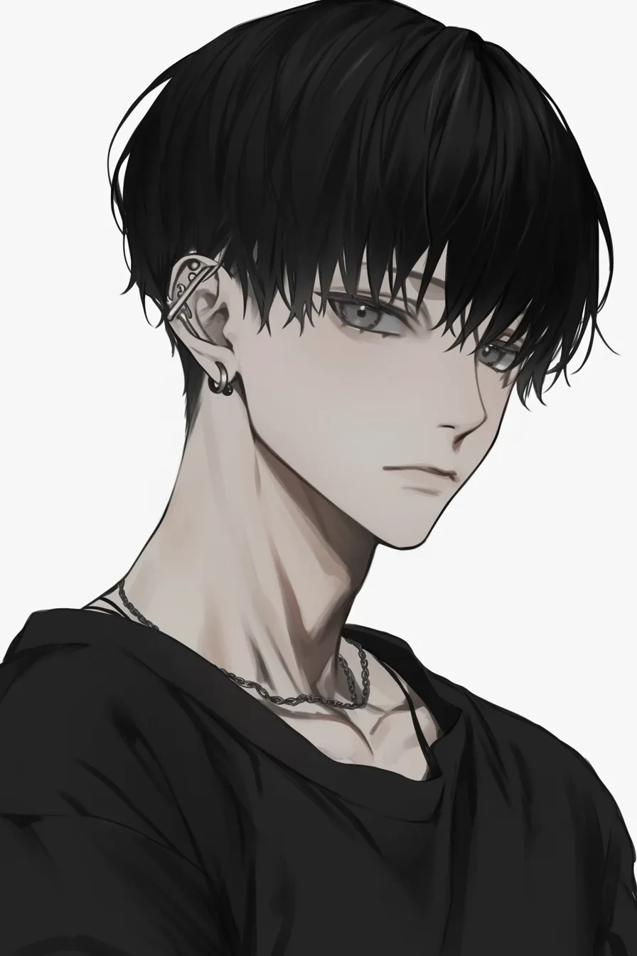 黒髪マッシュの鎖骨｜【基本構造】短めの前髪と丸みのあるマッシュを描き方に反映。襟元は大きく開け、鎖骨と首筋の陰影を丁寧に描いています。<br>【演出の方向性】シンプルな装いにアクセサリーを加え、モード感と繊細さを同時に強調。静かな眼差しが大人びた落ち着きを表現します。<br>