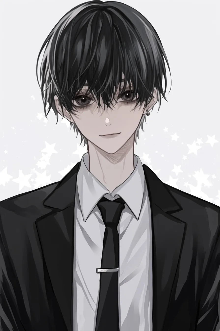 黒髪マッシュのスーツ姿｜【基本構造】ジャケットとネクタイを整えたフォーマルな構図を描き方で構成。前髪は少し散らして軽さを加えています。<br>【演出の方向性】黒髪の重みをスーツの端正さで引き締め、整然とした印象を強調。微笑を浮かべることで誠実さと柔らかさを兼ね備えた雰囲気になっています。<br>