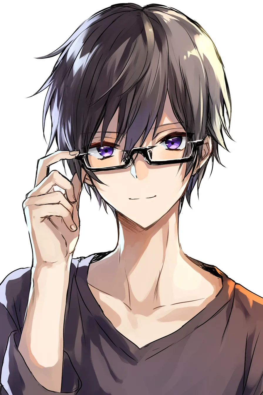 黒髪　メガネ男子の柔和な笑み｜【基本構造】前髪が目元にかかりつつも整った輪郭を描き方として強調し、指でメガネを軽く持ち上げる仕草を組み込んでいます。<br>【演出の方向性】紫の瞳をわずかに細め、口角を上げることで柔らかさを演出し、知的さと親しみやすさを同時に感じさせています。<br>