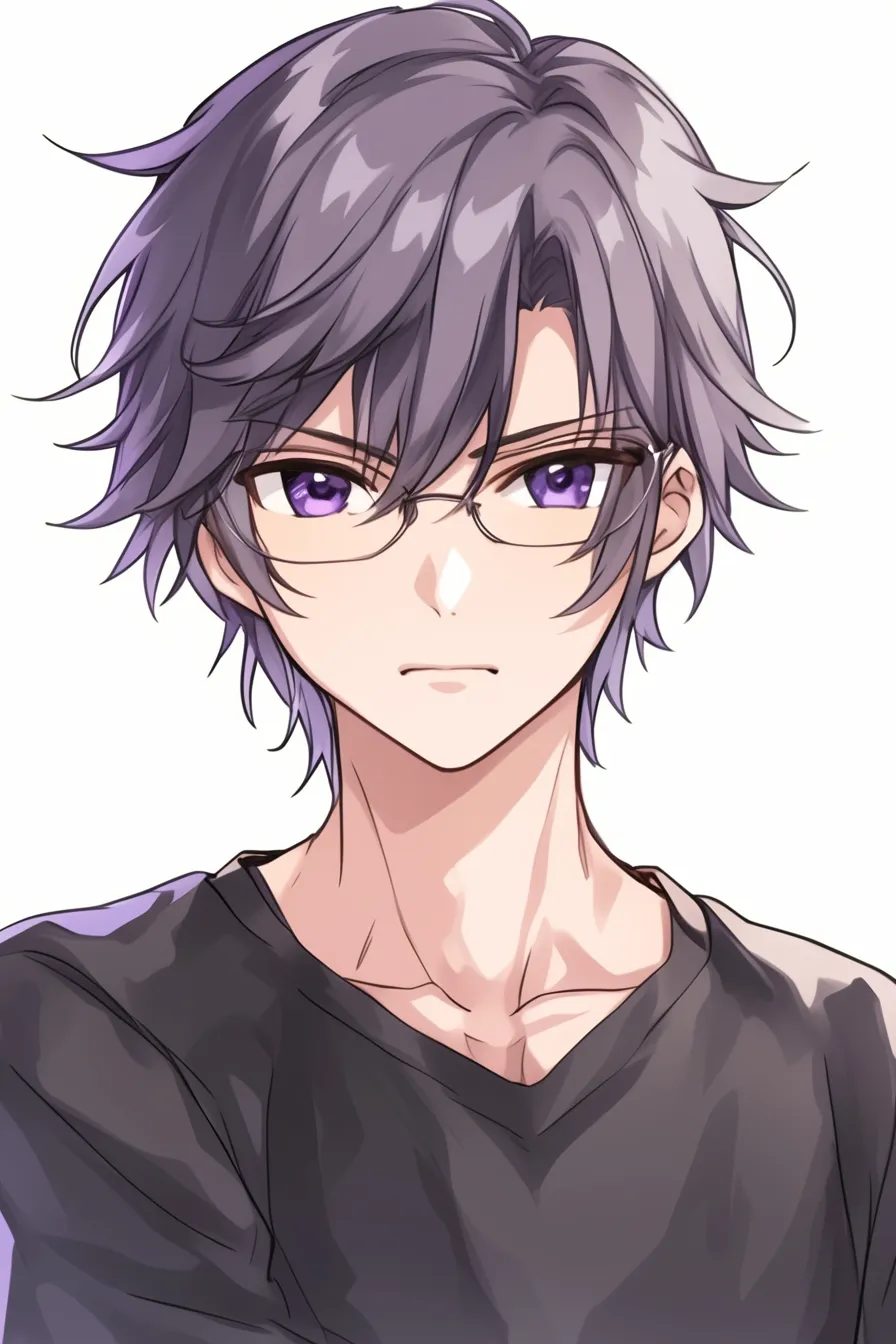 黒髪　メガネ男子の不機嫌な表情｜【基本構造】やや顎を引き、眉を寄せる描き方で顔の輪郭に緊張感を加えています。<br>【演出の方向性】紫の瞳を細めて視線を強調し、口元のわずかな硬直を伴わせることで苛立ちや不満を表現し、張り詰めた空気を生み出しています。<br>