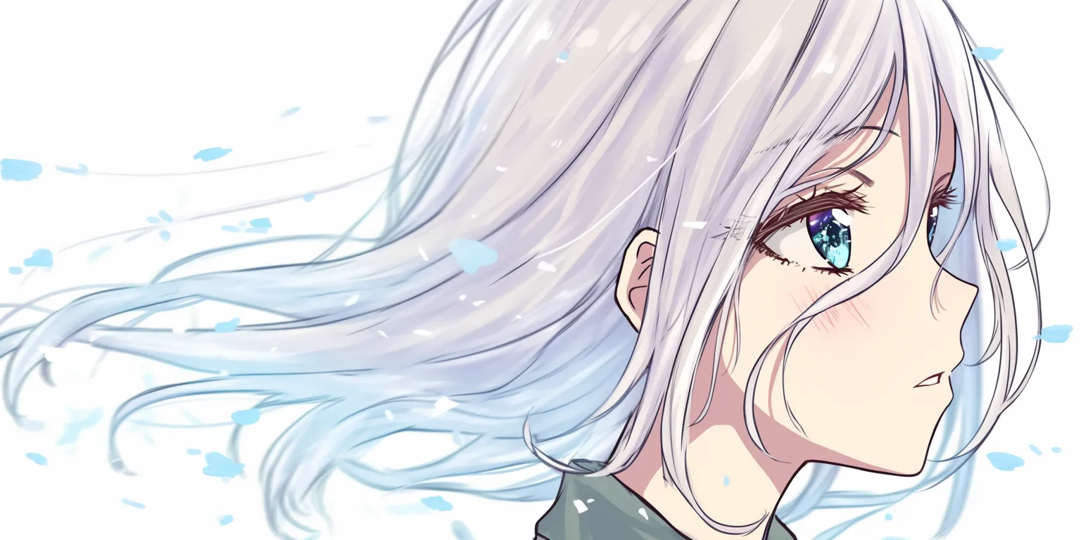 髪ハイライトの風に舞う横顔｜【基本構造】風で髪がなびく動的な横顔の描き方で、髪の流れに沿って細かく光を反射させています。<br>【演出の方向性】煌めくハイライトが動きのスピード感を強調し、視線の先に向かう希望や憧れを象徴する演出効果をもたらしています。<br>