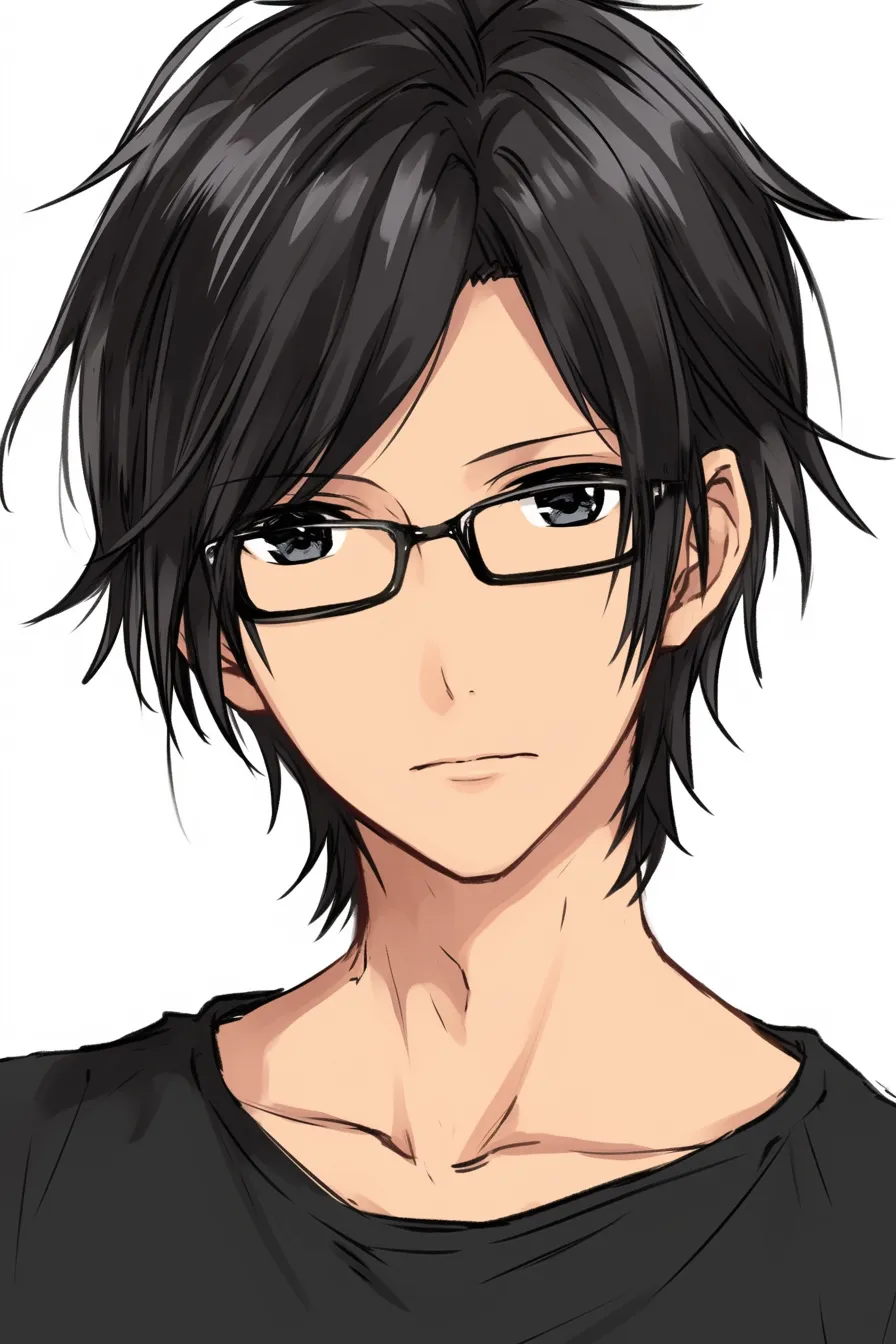 黒髪　メガネ男子の静かな佇まい｜【基本構造】顔の中心を安定した比率で描き方にまとめ、自然に肩を落とした姿勢を取り入れています。<br>【演出の方向性】無表情に近い口元と黒い瞳の奥行きを強調することで、感情を抑えた落ち着いた雰囲気を漂わせています。<br>