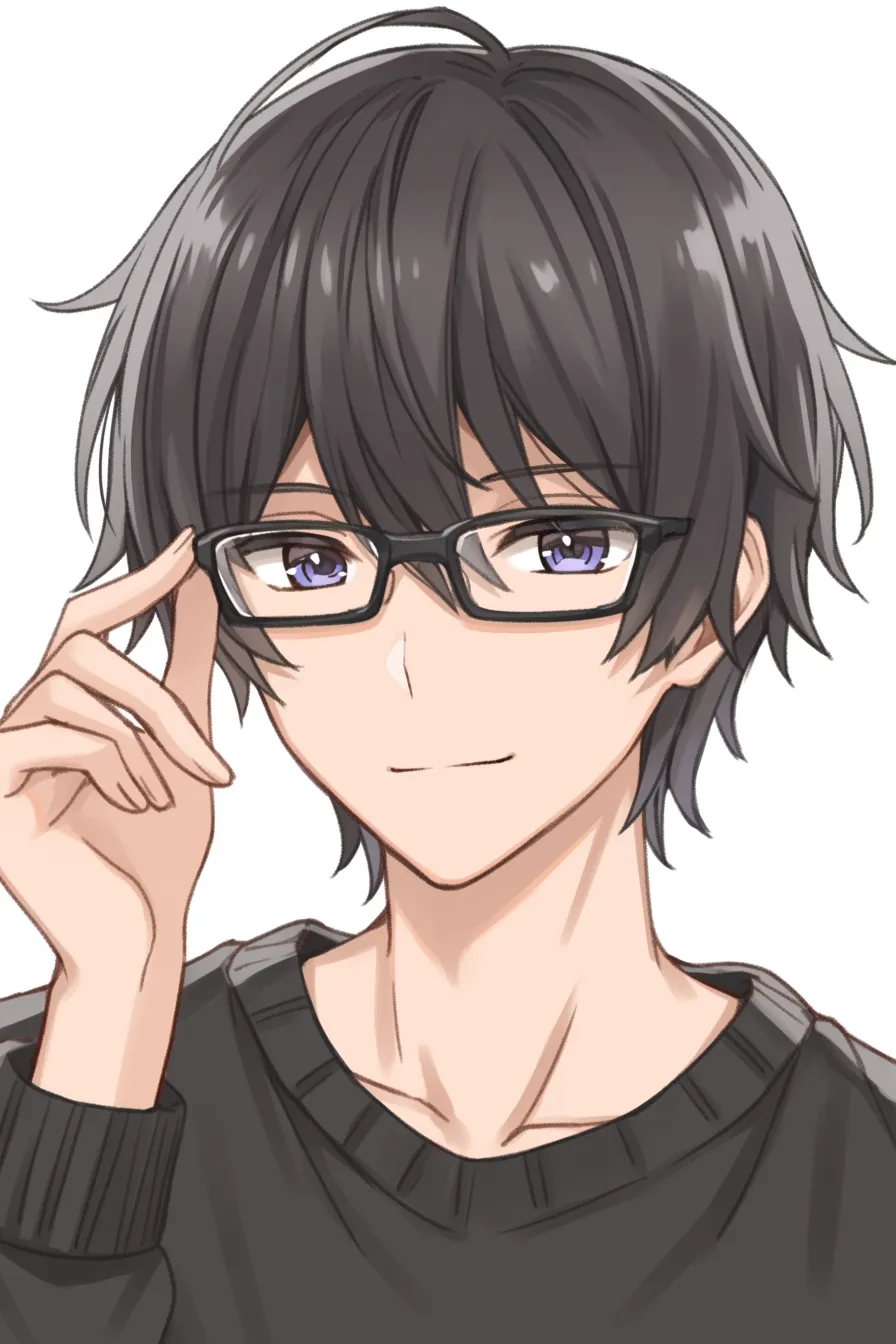 黒髪　メガネ男子の穏やかな微笑み｜【基本構造】軽くメガネに触れる仕草を描き方に加え、前髪の毛流れで顔を囲むように構成しています。<br>【演出の方向性】紫がかった瞳をやや開き、口角を柔らかく上げることで信頼感や安心感を表し、親近感を誘います。<br>