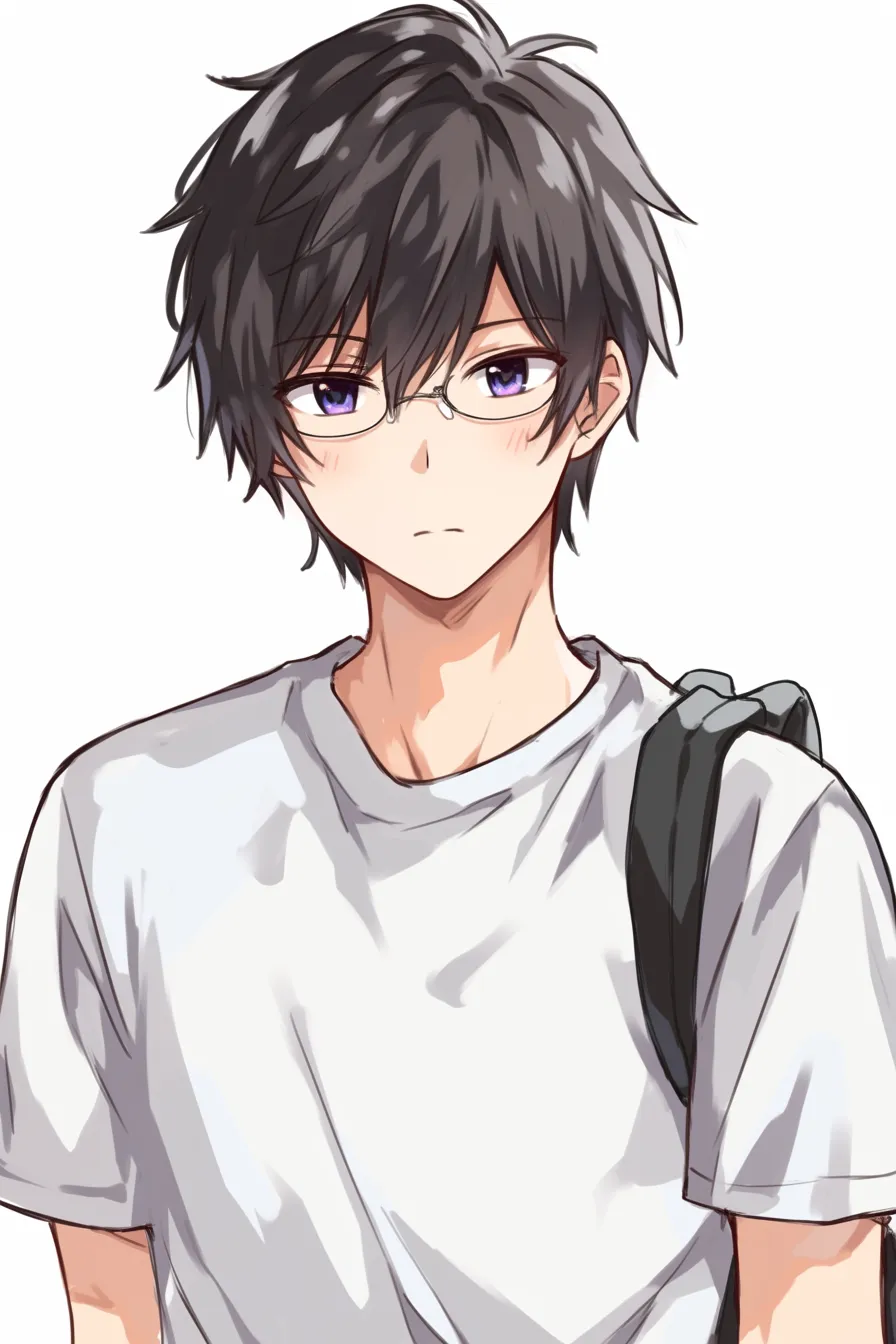黒髪　メガネ男子のはにかみ｜【基本構造】全身に近い上半身構図で、リュックを背負いながら肩をすぼめる描き方を採用しています。<br>【演出の方向性】わずかに赤らむ頬と伏し目がちな瞳で、緊張感や照れを演出し、少年らしい不器用な可愛さを表現しています。<br>