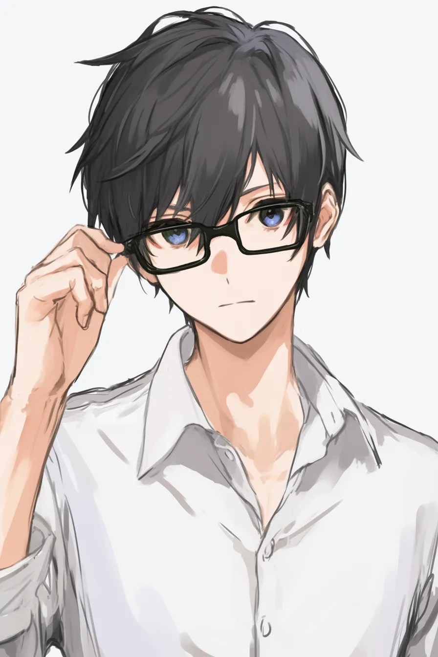 黒髪　メガネ男子の真面目な横顔｜【基本構造】シャツ姿で顎を引き、片手でメガネを持ち上げる描き方により、規律的で端正な印象を整えています。<br>【演出の方向性】青みを帯びた瞳を正面に向け、影を抑えた色使いで知的さと誠実さを強調し、真面目な印象をより際立たせています。<br>